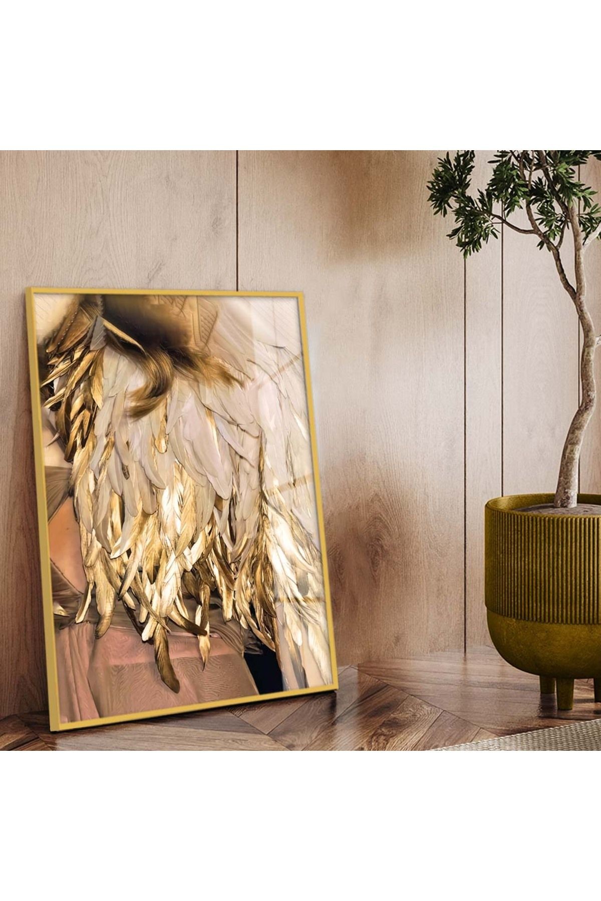 Gold Metal Çerçeveli Yaprak Desen Kırılmaz Cam Tablo