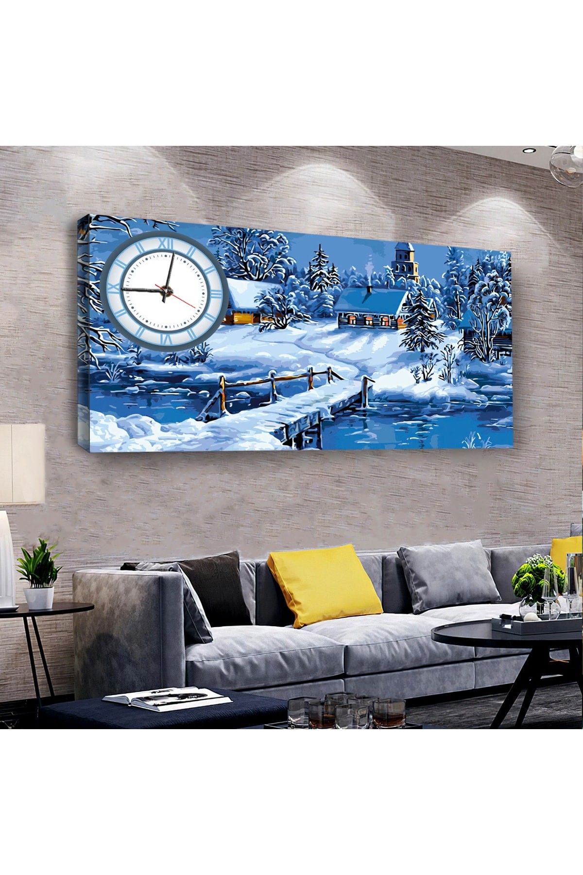 Sanat Tablosu Kış Manzara saatliAhşap Şase Dijital Baskı Kanvas Tablo 120X60Cm