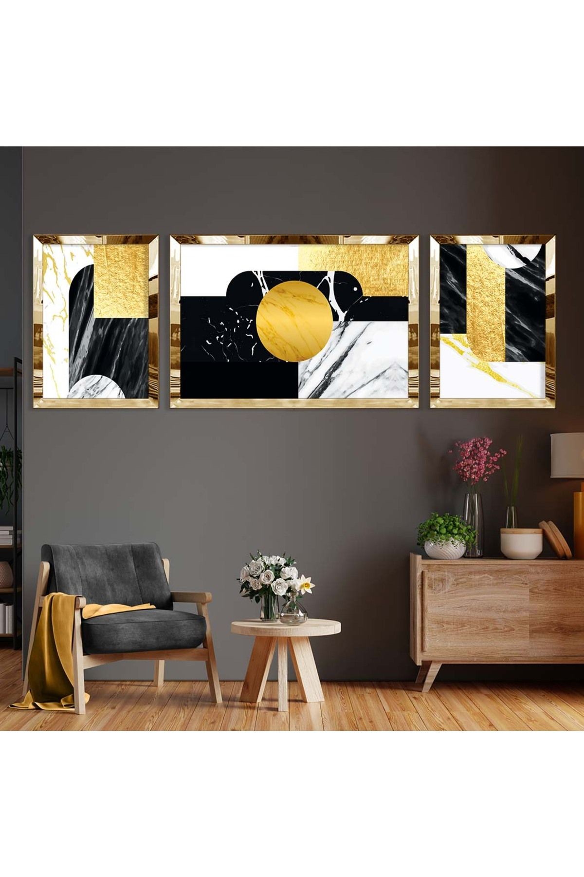 Gold Aynalı Pleksi Çerçeveli Üçlü Soyut Mermer Desenli Mdf Tablo Seti