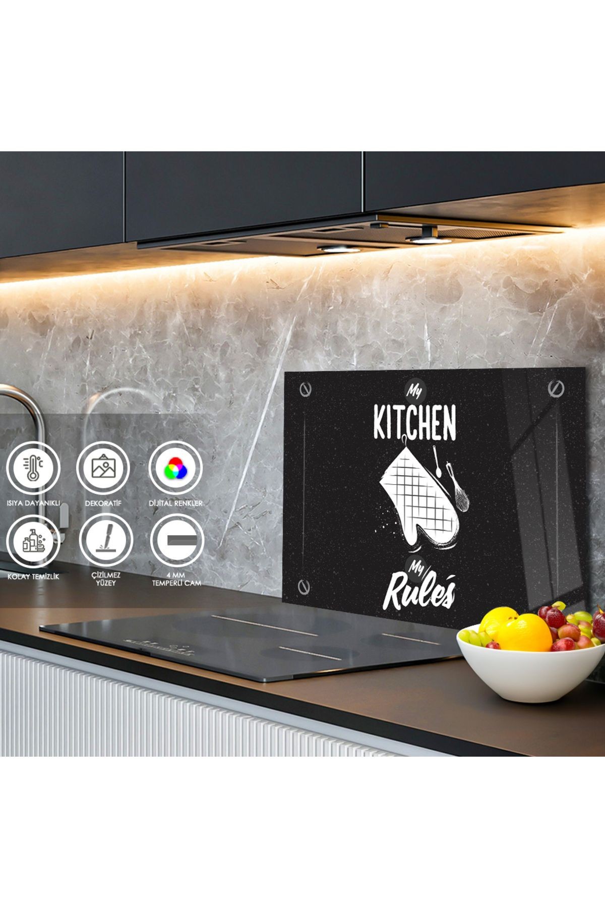 Ocak Arkası Temperli Cam "My Kitchen My Rules" Desenli Yazılı