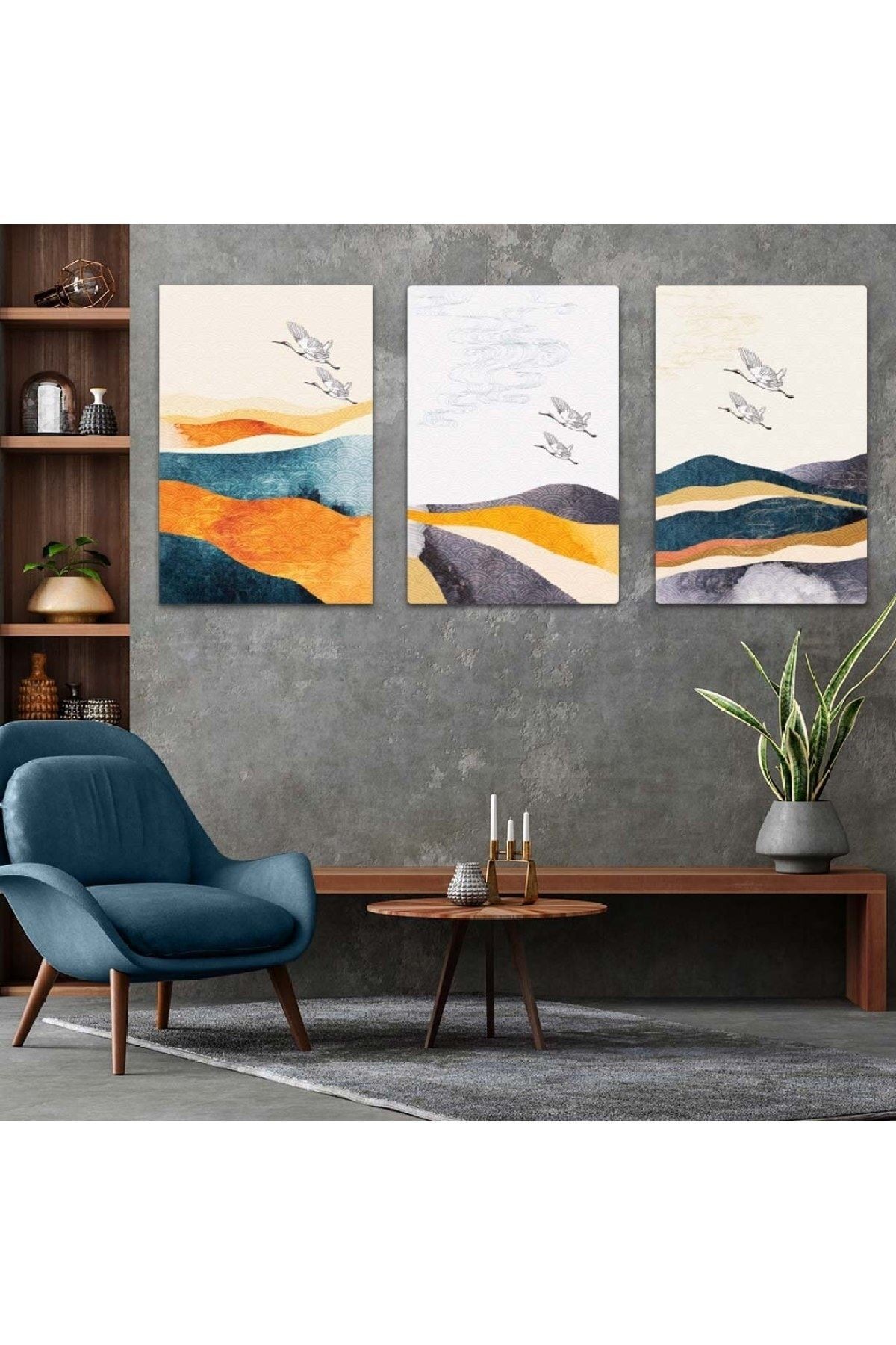 Göçebe Kuşlar Soyut Desen 3'lü Mdf Tablo Set