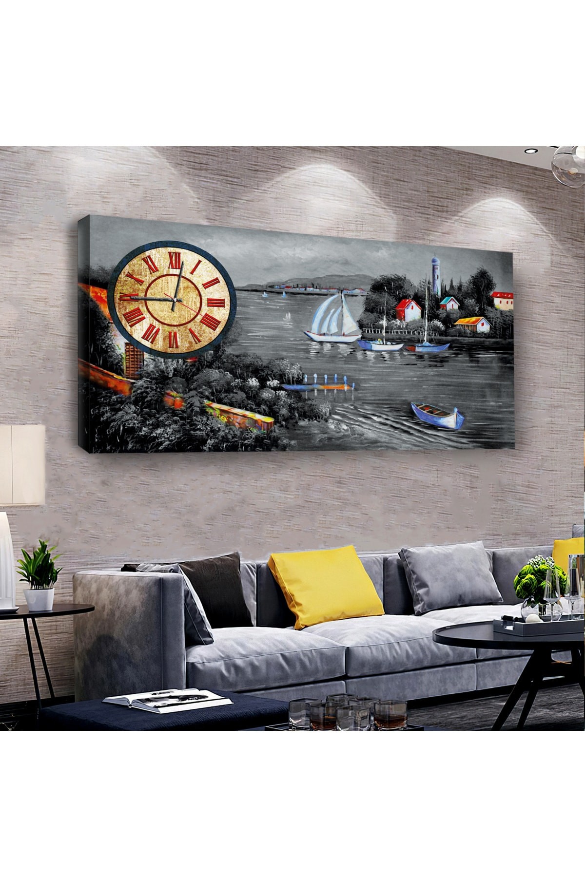 Huzur Şehir Manzara saatliAhşap Şase Dijital Baskı Kanvas Tablo 100X50Cm