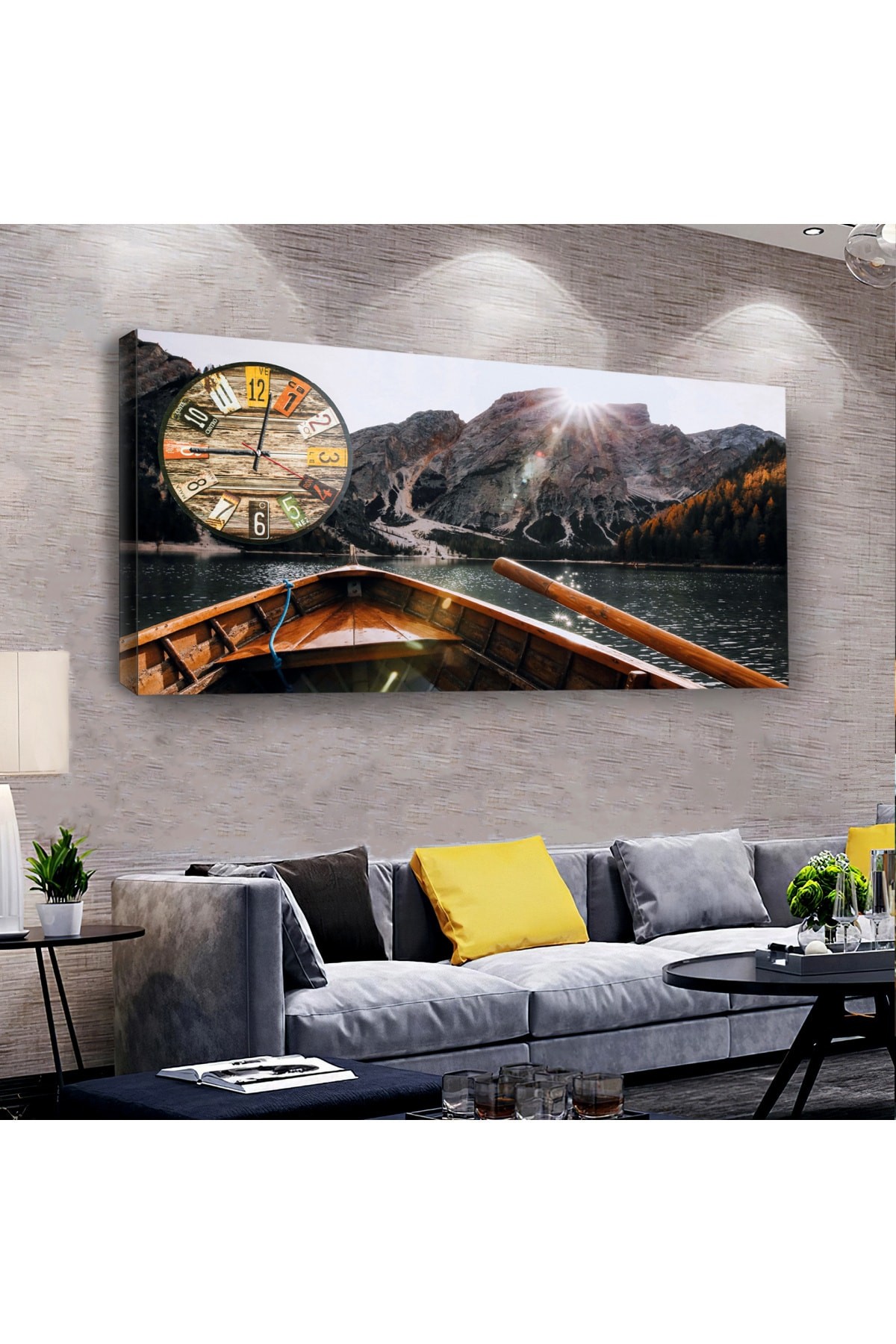 Kayık Göl Manzara saatliAhşap Şase Dijital Baskı Kanvas Tablo 120X60Cm