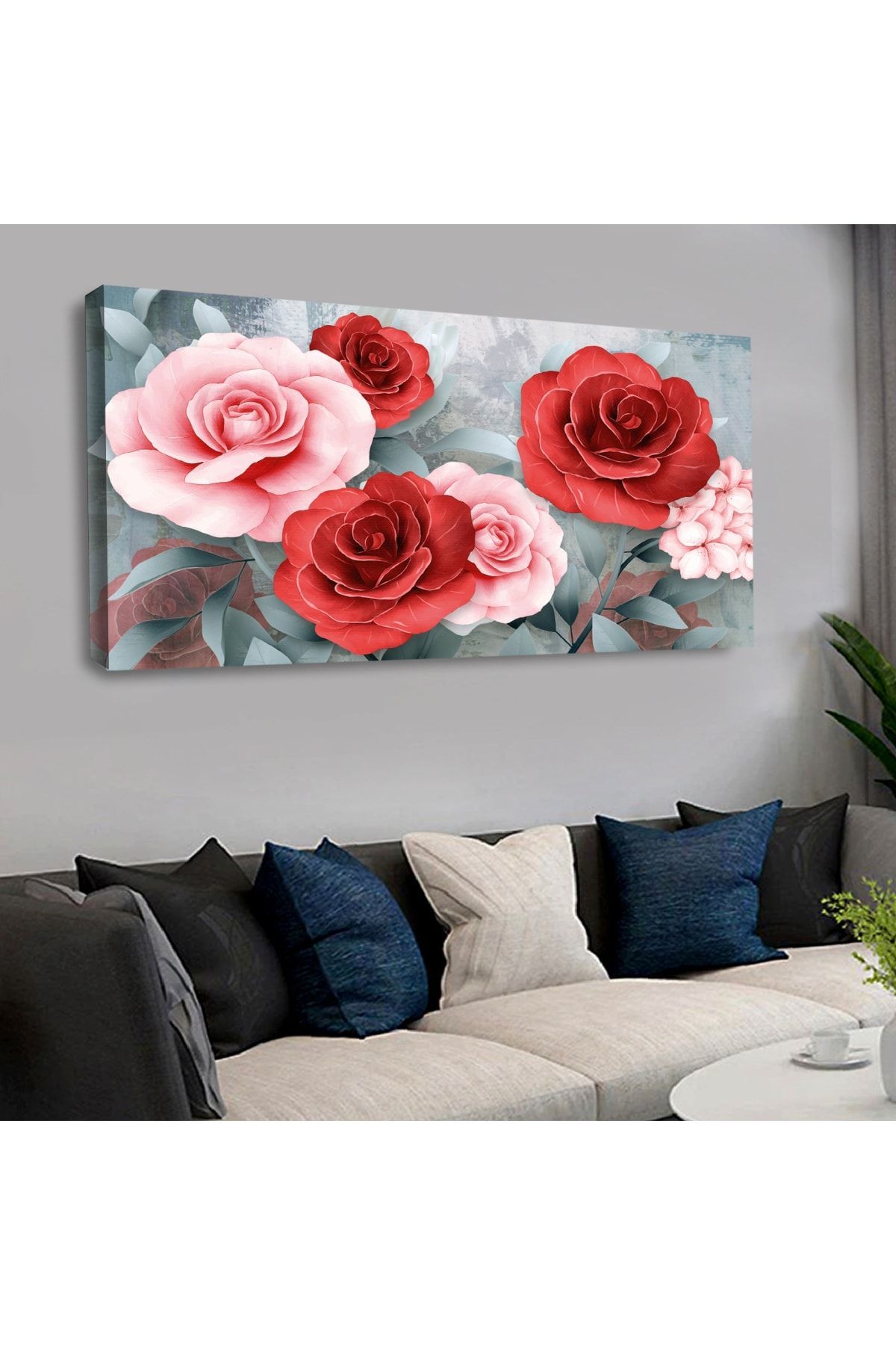 120 X 60 Cm Kanvas Pembe Kırmızı Gül Tablo