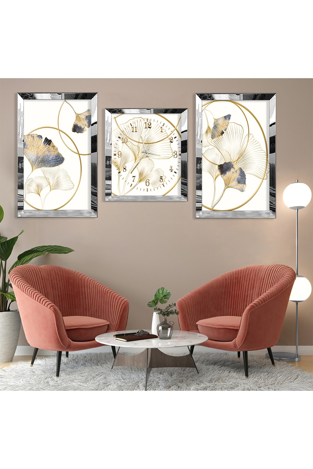 Modern Tablo Çiçek Soyut Desen Gold Pleksi Kenar 3'Lü MDF Tablo Ve Saat Kombin