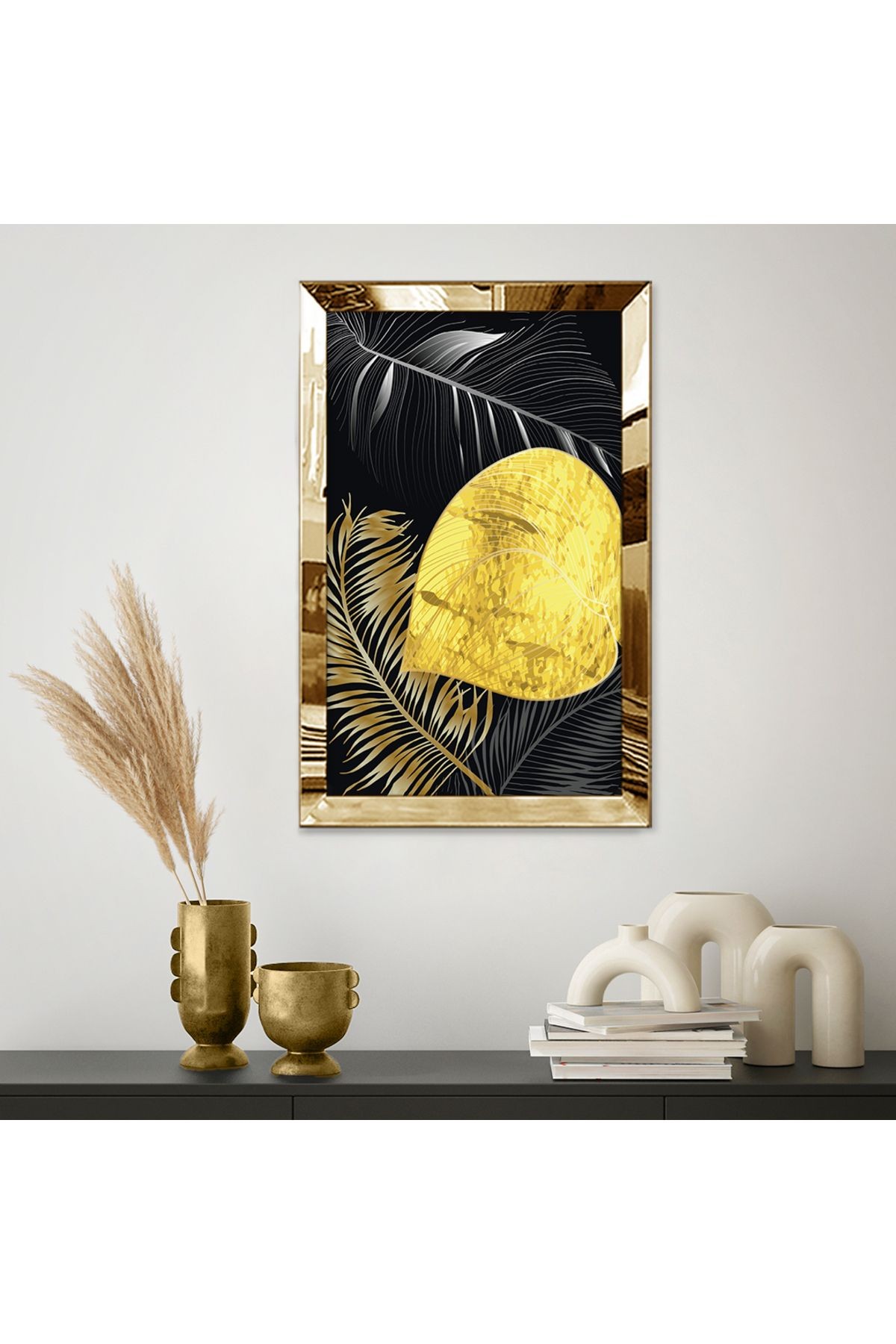 Gold Aynalı Pleksi Çerçeveli Botanik Temalı Altın Renkli Modern Tasarım Mdf Tablo