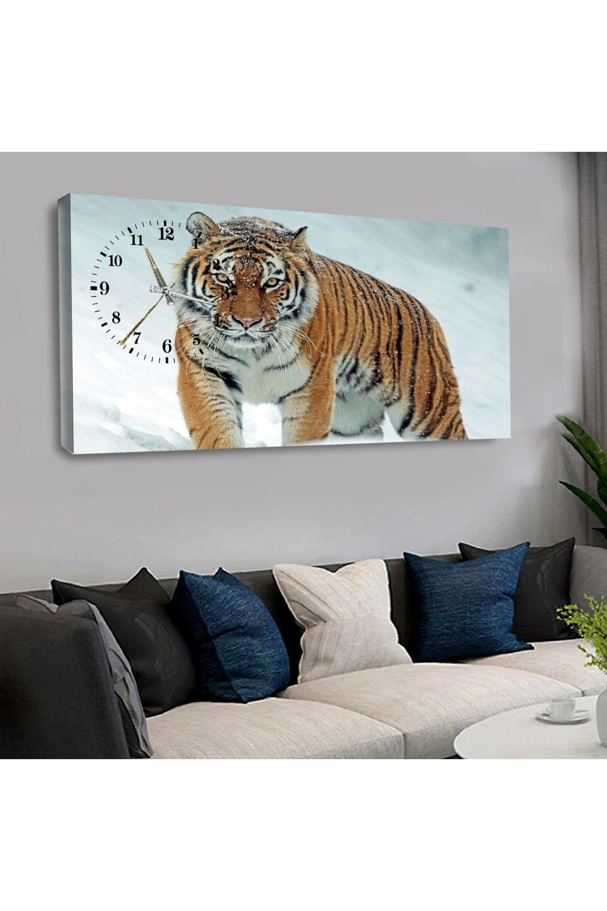 120x60 Saatli Hayvanlar Alemi Kaplan Kanvas Tablo