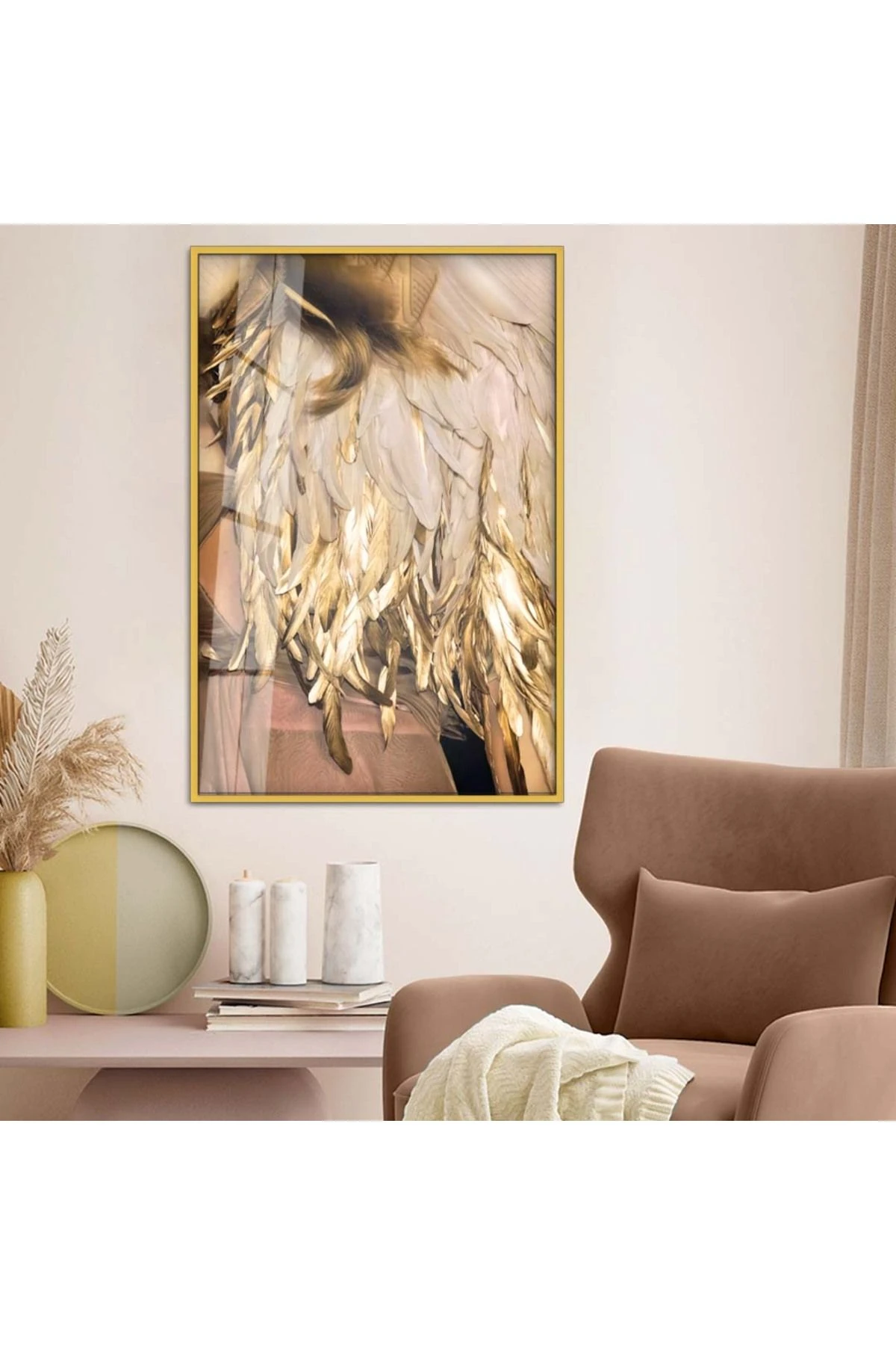 Gold Metal Çerçeveli Modern Çizim Soyut Tema Kırılmaz Cam Tablo