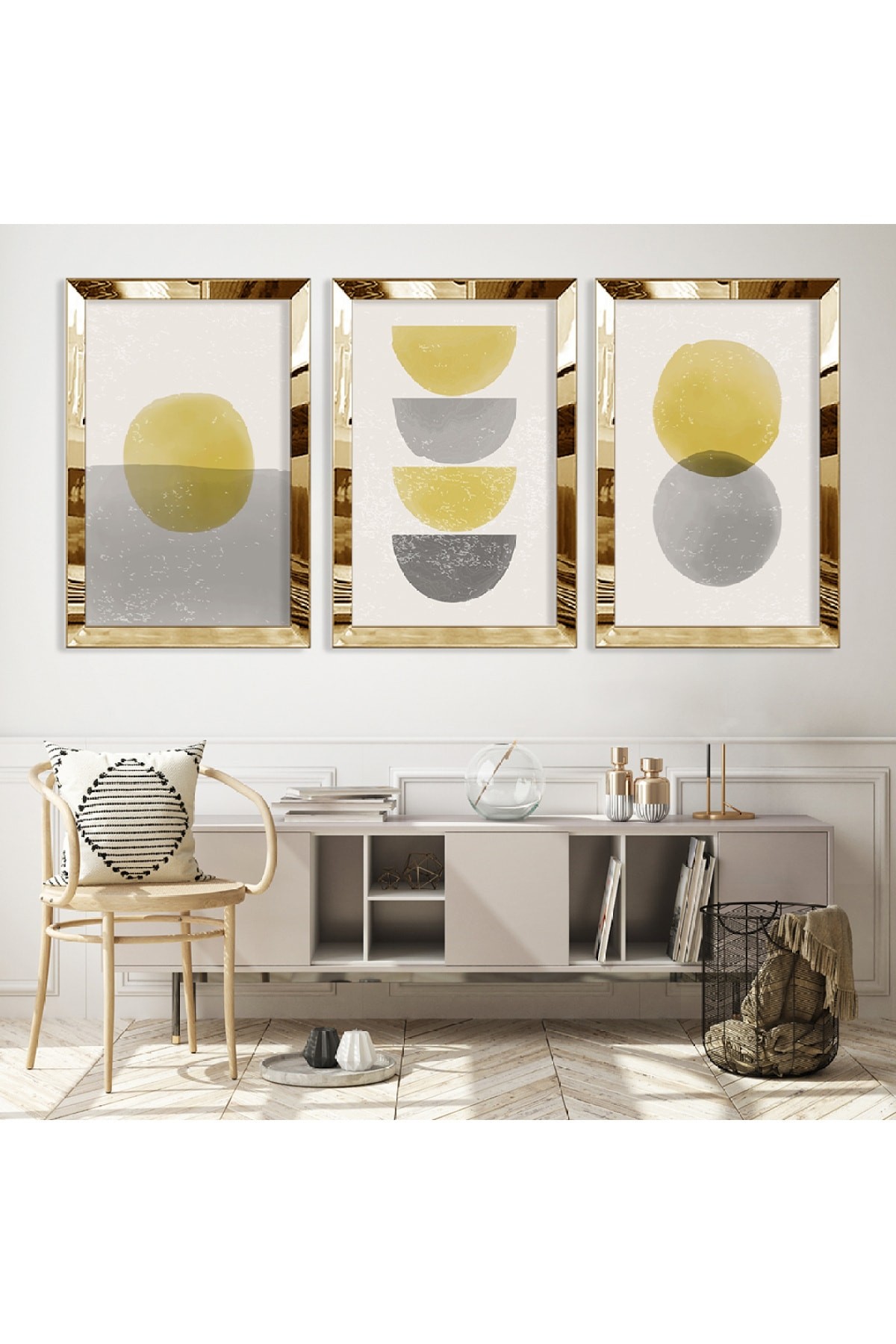 Modern Tablo Şekiller Soyut Desen Gold Pleksi Kenar 3'Lü Solmaz MDF Tablo