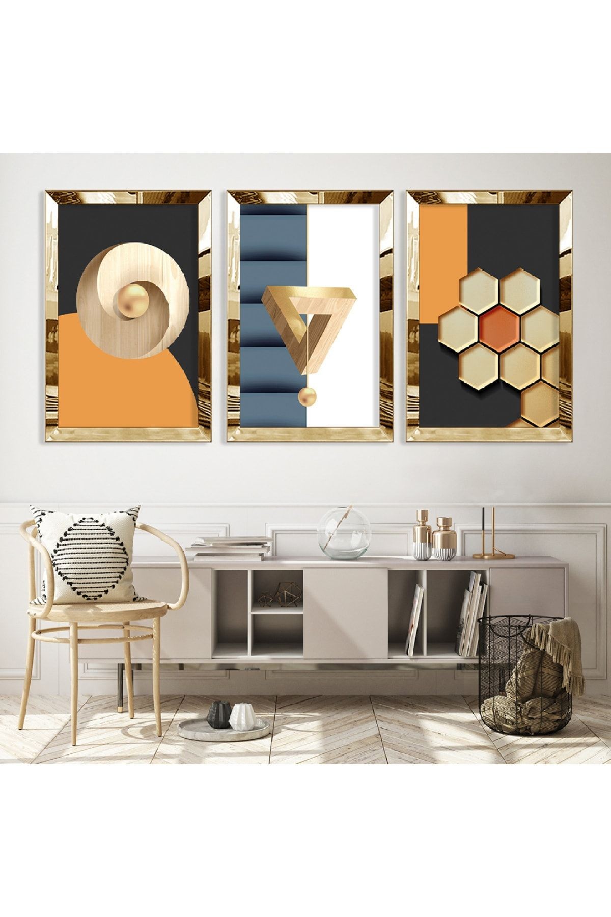 Gold Aynalı Pleksi Çerçeveli Minimalist Aynalı Üçlü Mdf Tablo Seti