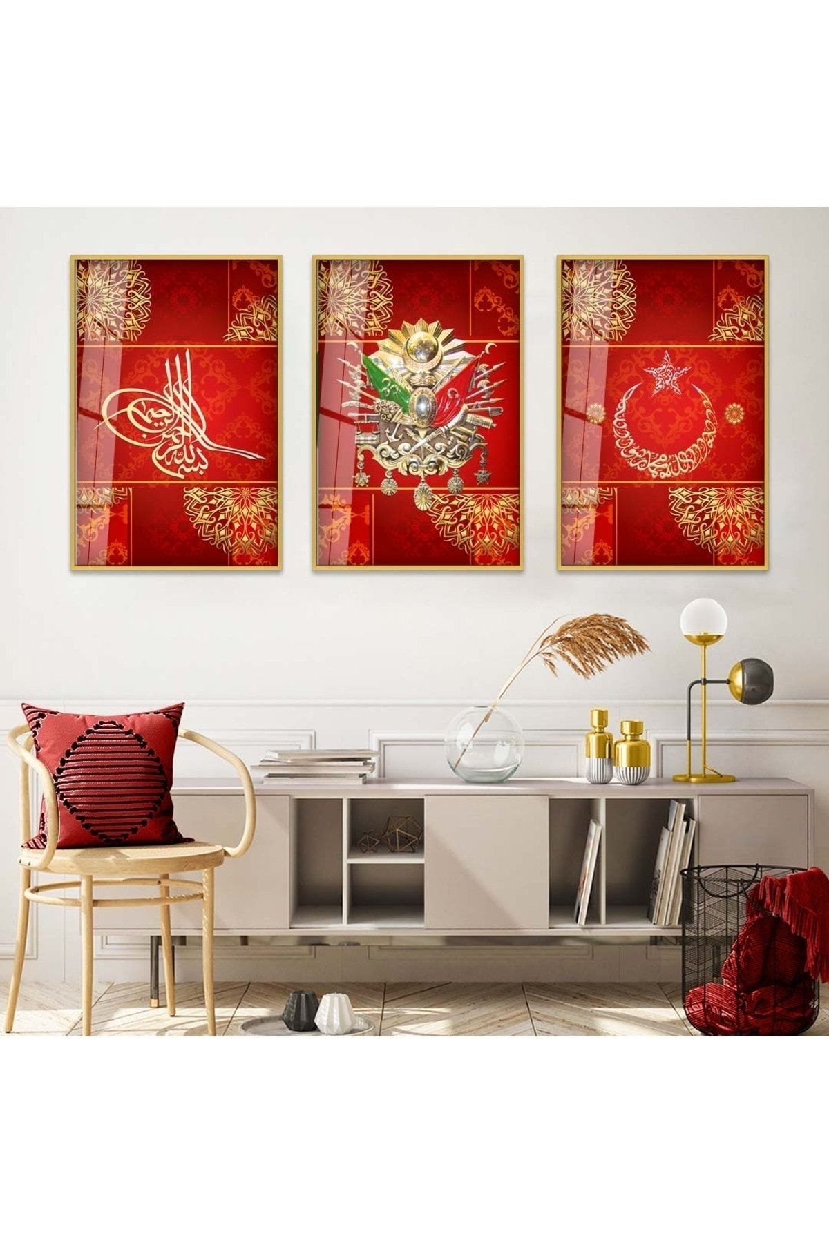 Gold Metal Çerçeveli Kırmızı Arka Planlı Osmanlı Tuğrası Üçlü Kırılmaz Cam Tablo Seti