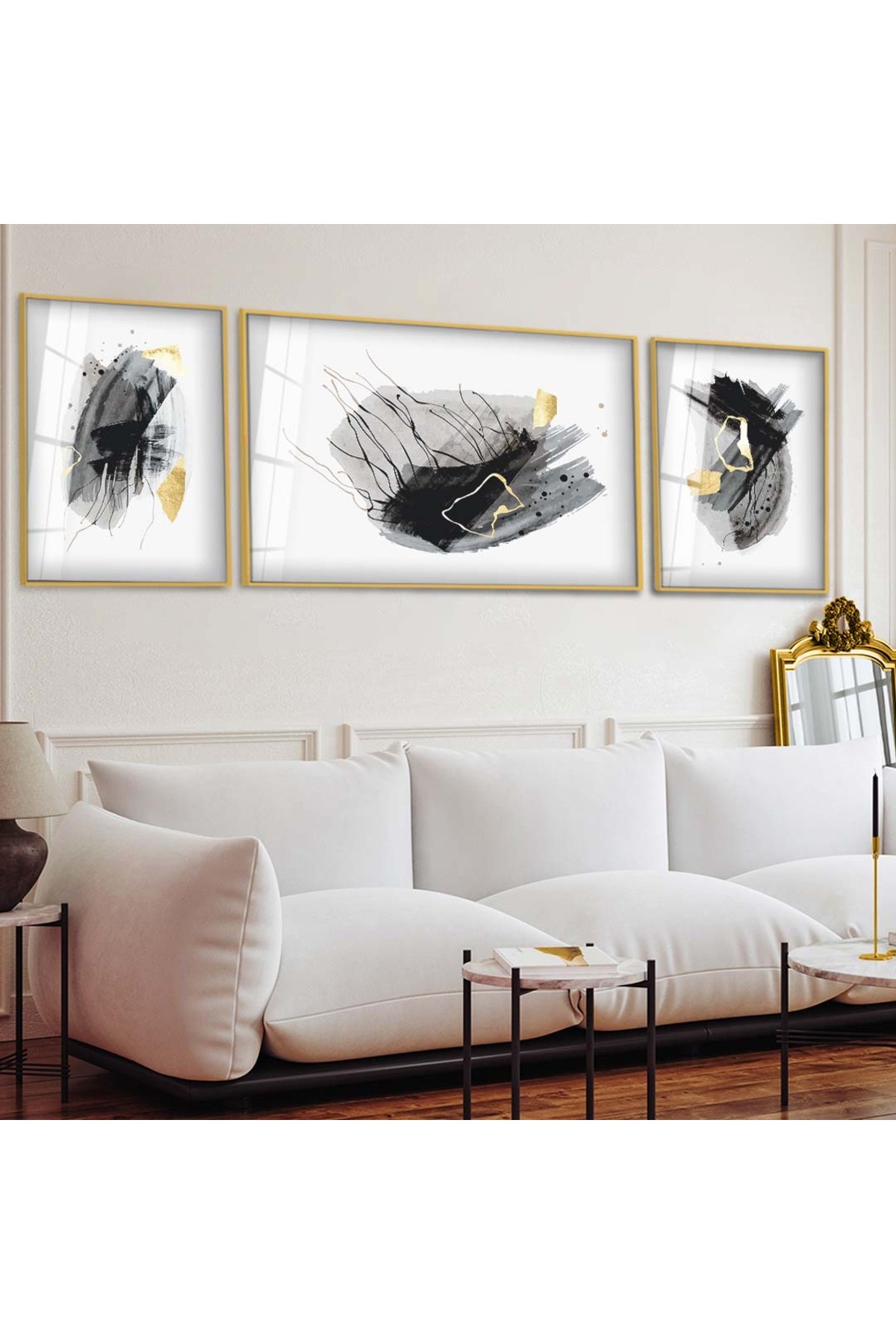 Minimal Minimalist Çizim Soyut Desen 3'Lü Metal Çerçeveli UV Baskı Kırılmaz Cam Tablo