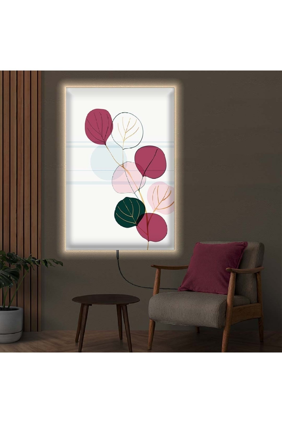 Ledli Kolaj Çizim Ağaç Dalı Ahşap Şase Dijital Baskı Kanvas Tablo 90X60Cm
