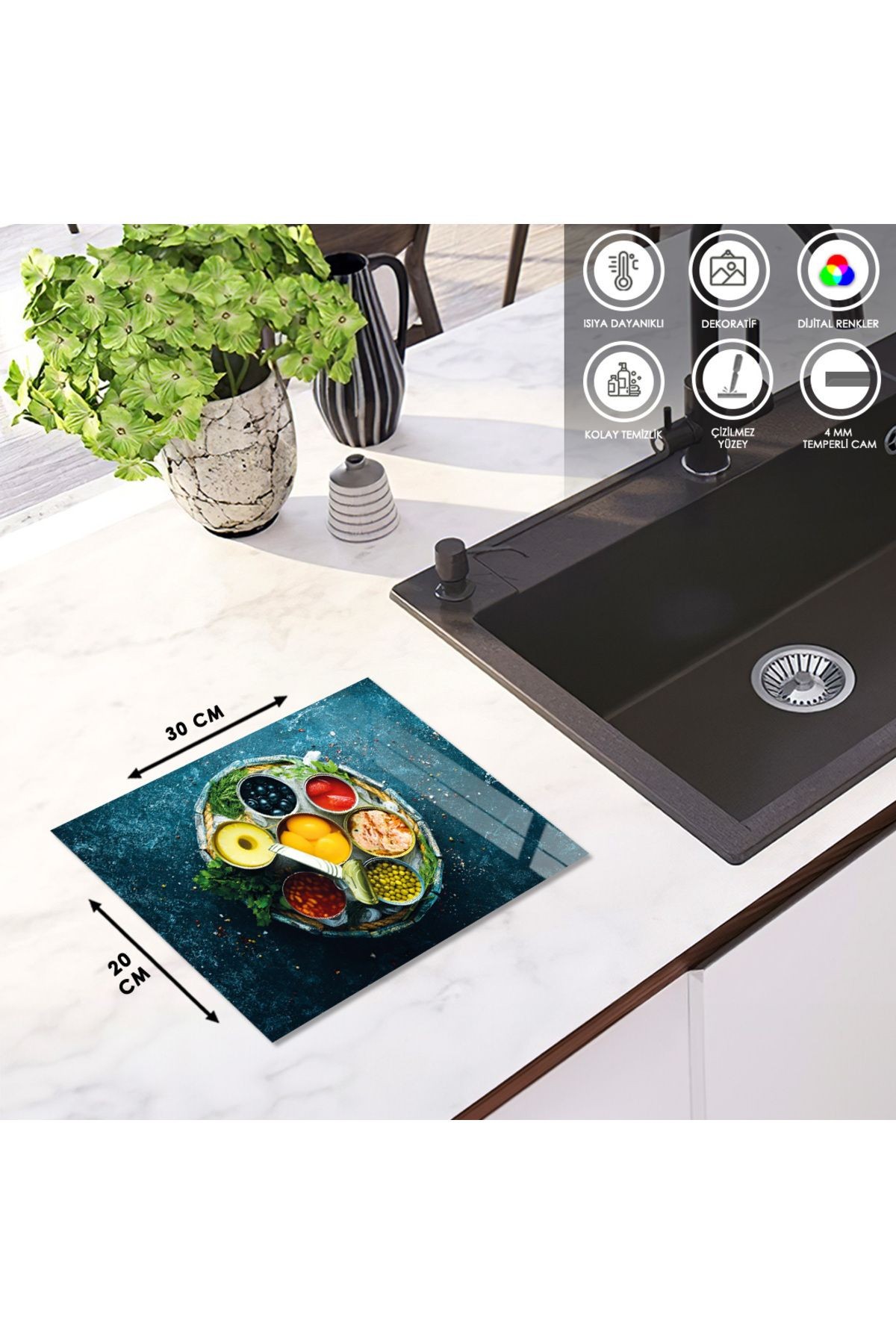 Cam Kesme Tahtası Sepet İçinde Konserve Ürünlü