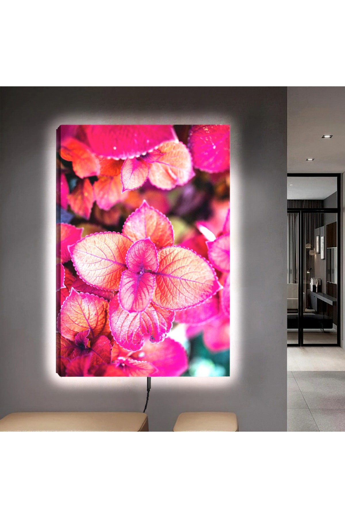 Ledli Mor Çiçek Ahşap Şase Dijital Baskı Kanvas Tablo 90X60Cm