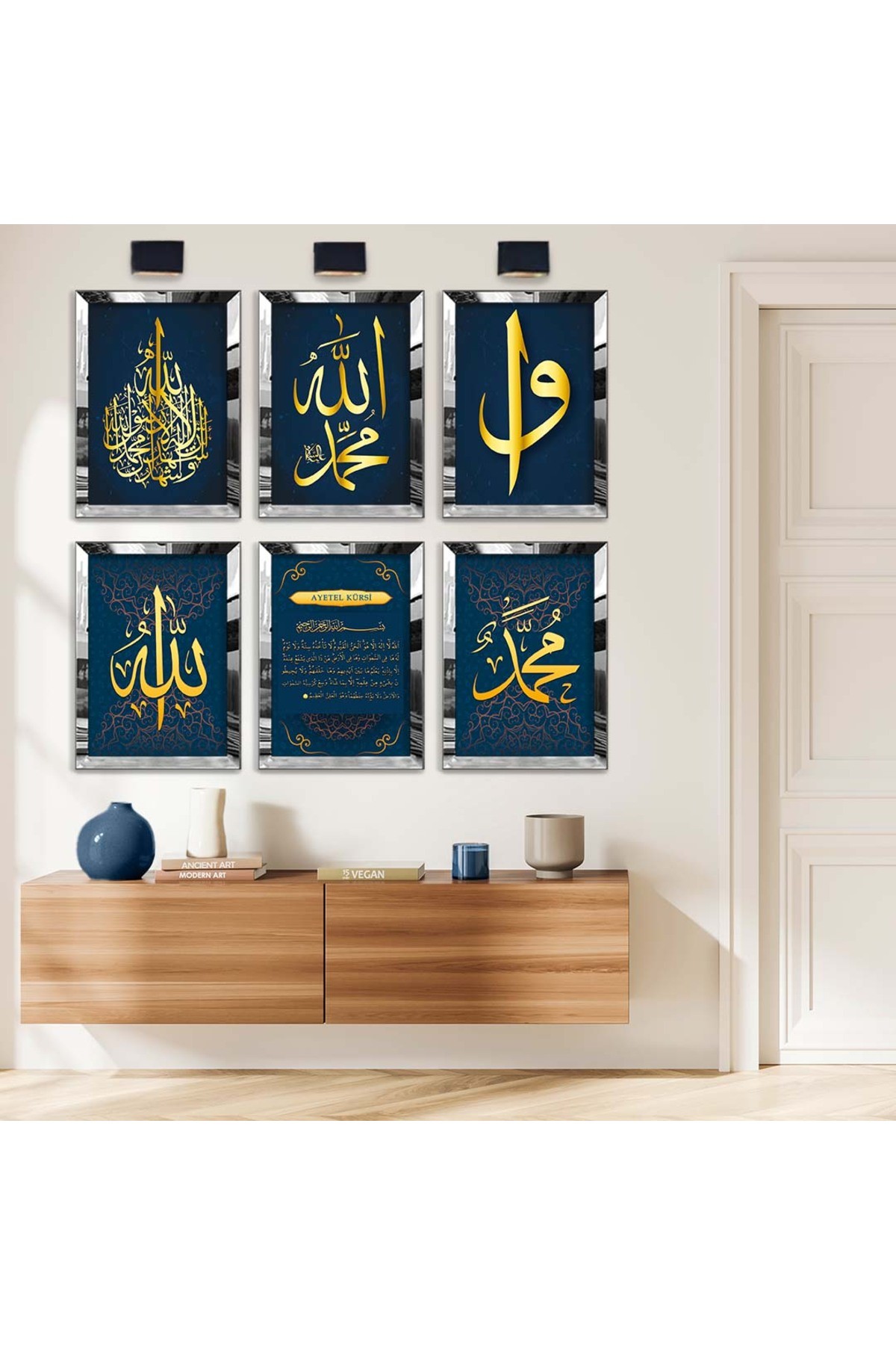 Ayetel Kürsi Ve Allah Lafzı 6'Lı Pleksi Kenar Solmaz MDF Tablo Seti