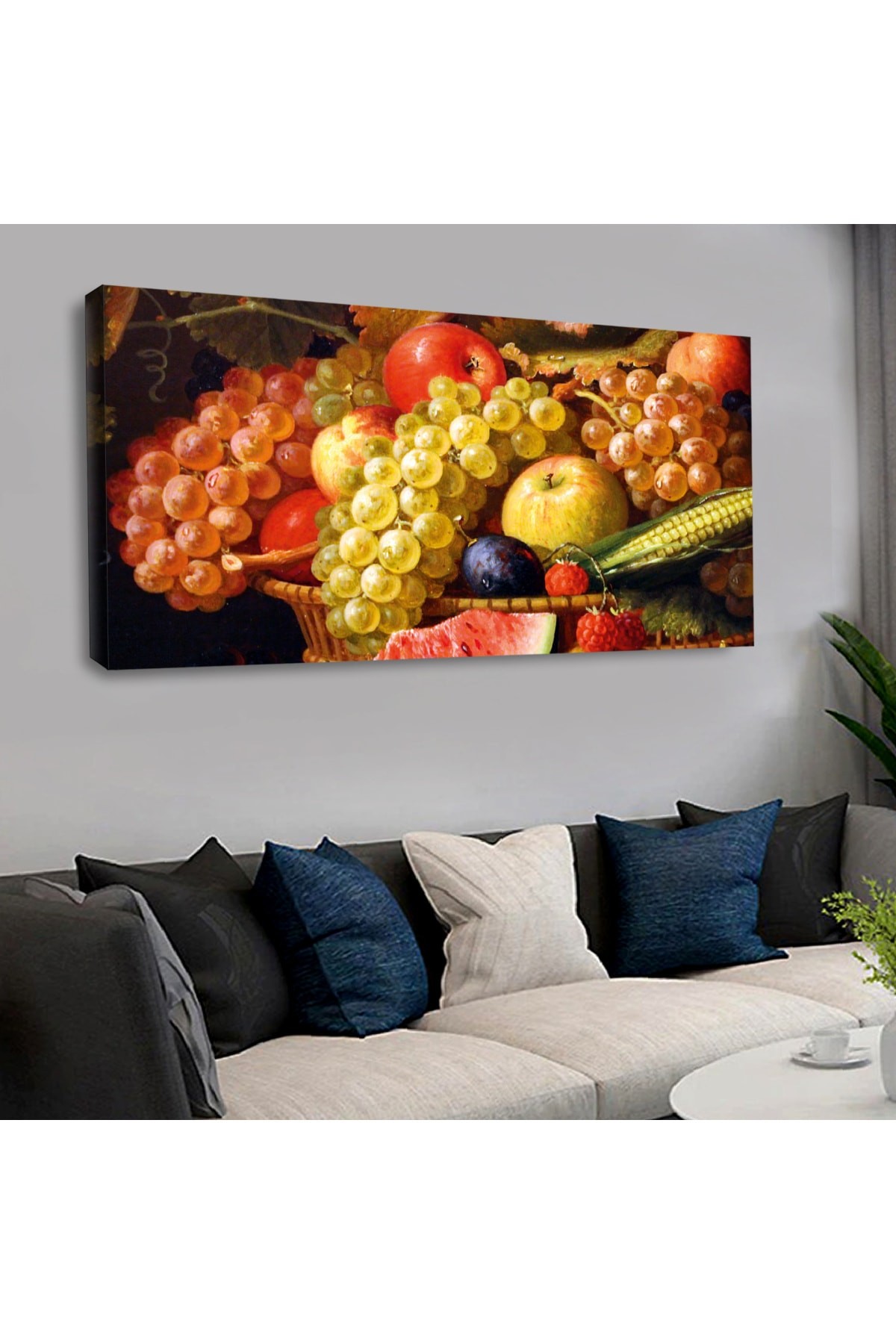 saatliAhşap Şase Dijital Baskı Kanvas Meyve Sepeti Tablo 120X60Cm