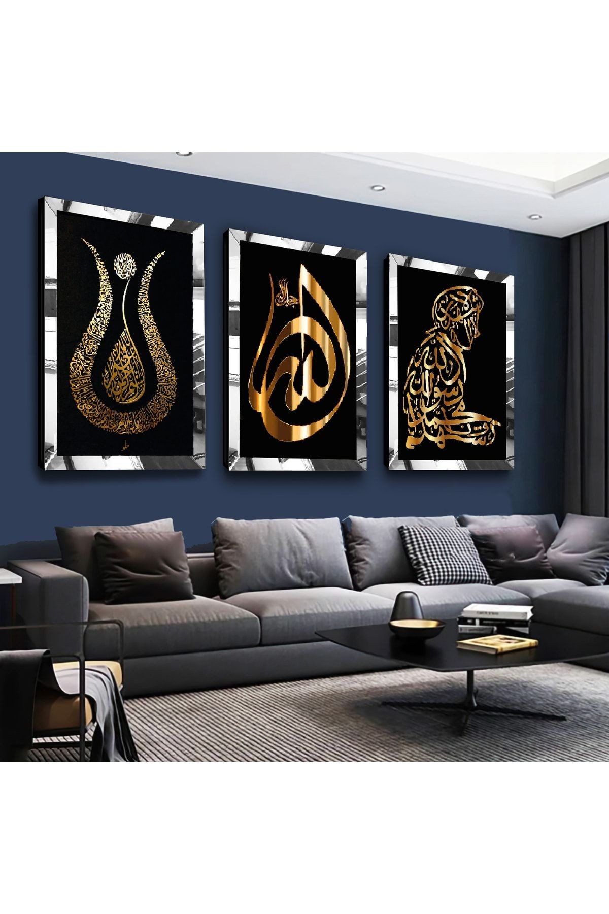 Gold Aynalı Pleksi Çerçeveli Lale Ve Secde Eden Adam Dini Üçlü Mdf Tablo Seti