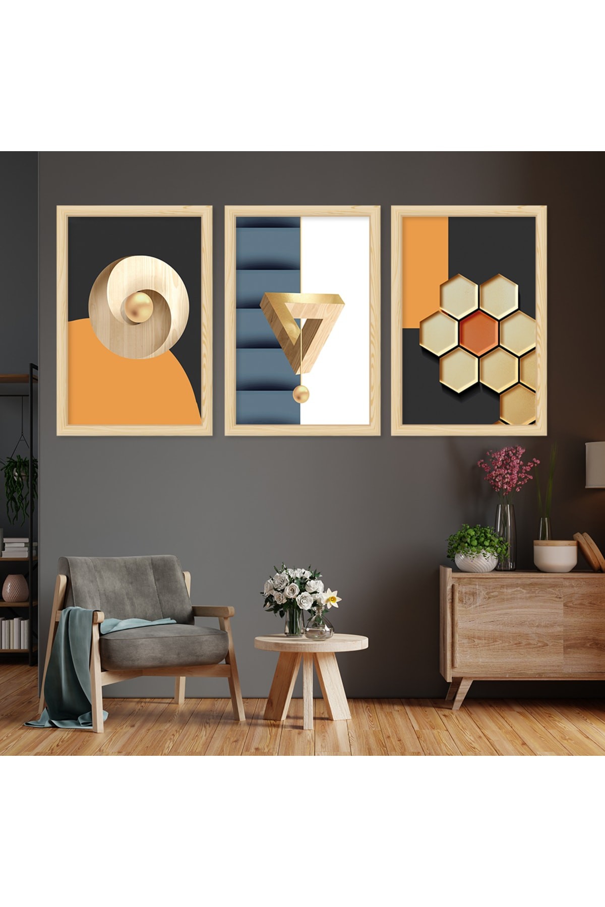 Oturma Odası Tablosu Renkli Ahşap Çerçeveli Kolaj Çizim Modern Tablo