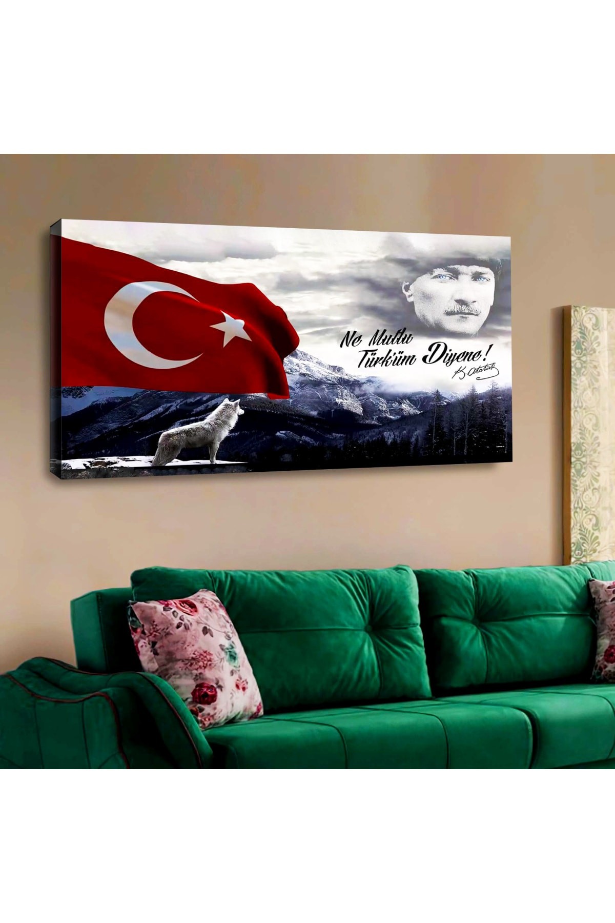 Ahşap Şase Dijital Baskı Kanvas Türk Bayrağı Ve Atatürk Tablosu 120X60Cm