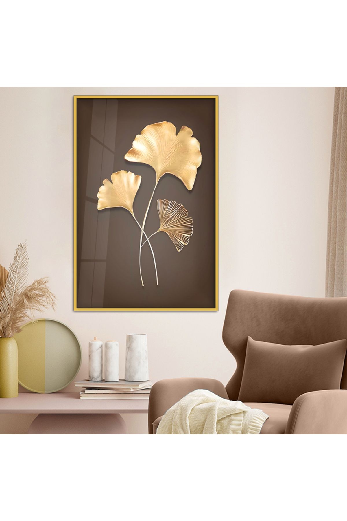Gold Metal Çerçeveli Modern Çizim Çiçek Tema Kırılmaz Cam Tablo