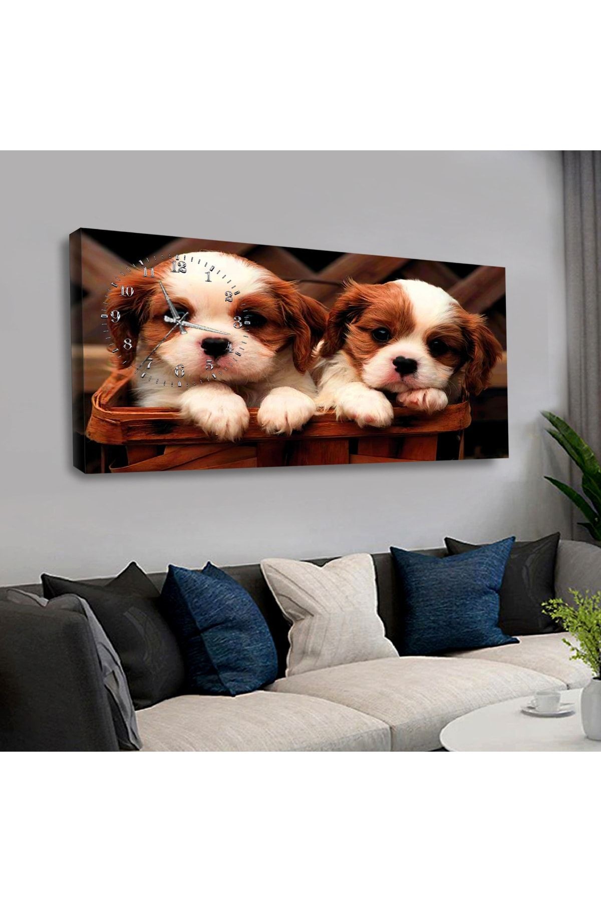 Sevimli Köpek Yavruları Saatli Kanvas Tablo