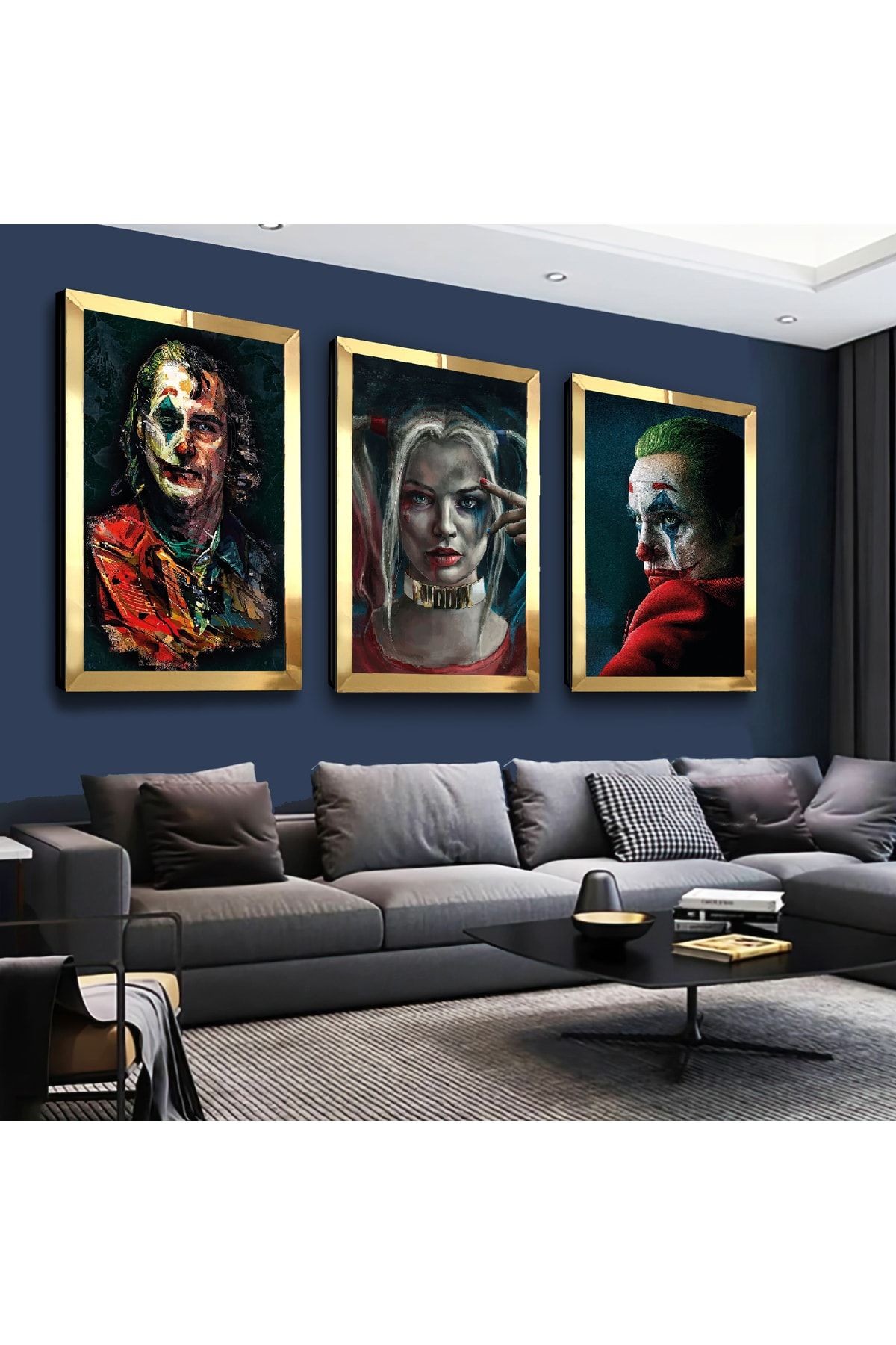 Gold Aynalı Pleksi Çerçeveli Joker Karakter Üçlü Mdf Tablo Seti