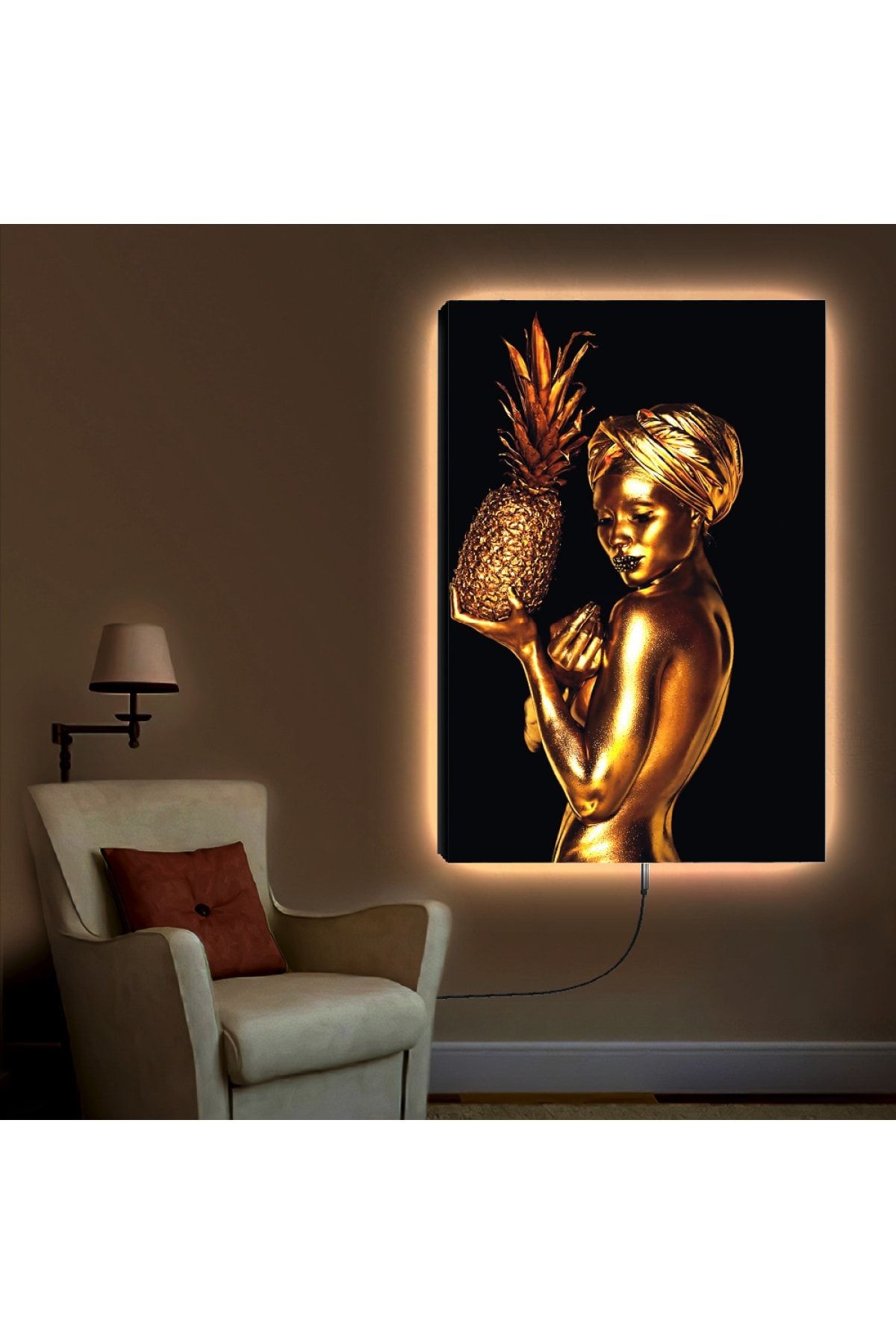 Ledli 90x60 Altın Kadın Kanvas Tablo