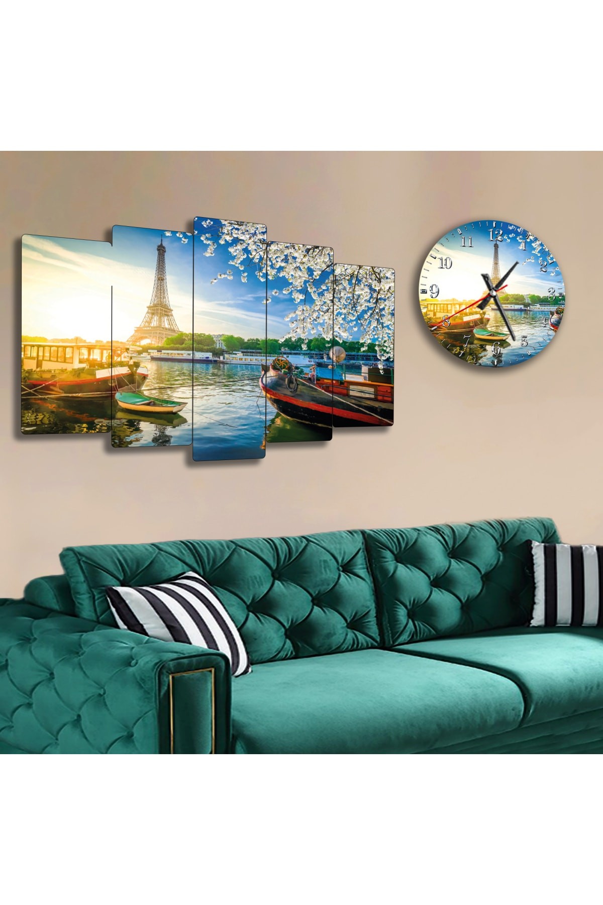 Eiffel Ekstra Dayanıklı Solmaz MDF Tablo Ve Saat Kombin