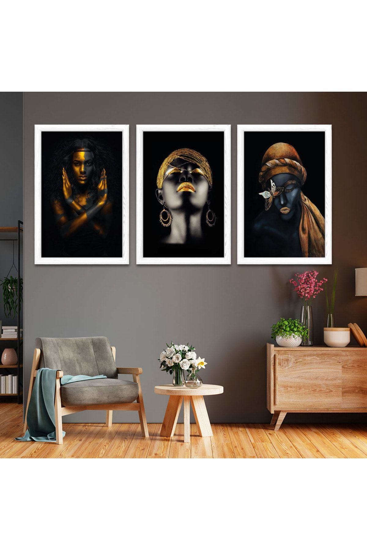 Beyaz Ahşap Çerçeveli Afrikalı Kadın Tablo