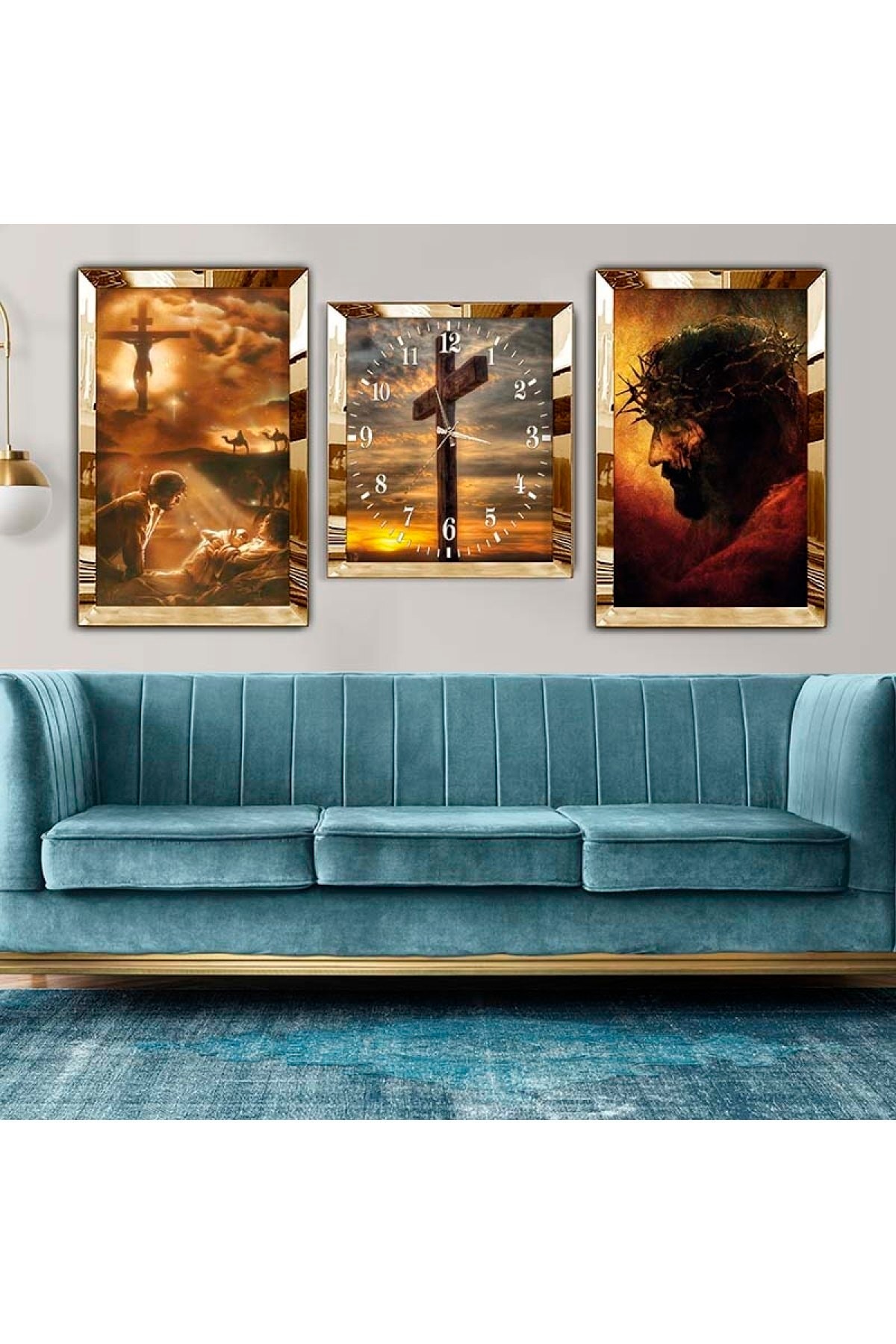 Salon Tablosu Özel Tasarım Gold Pleksi Kenar 3'Lü Solmaz MDF Tablo Saat Seti