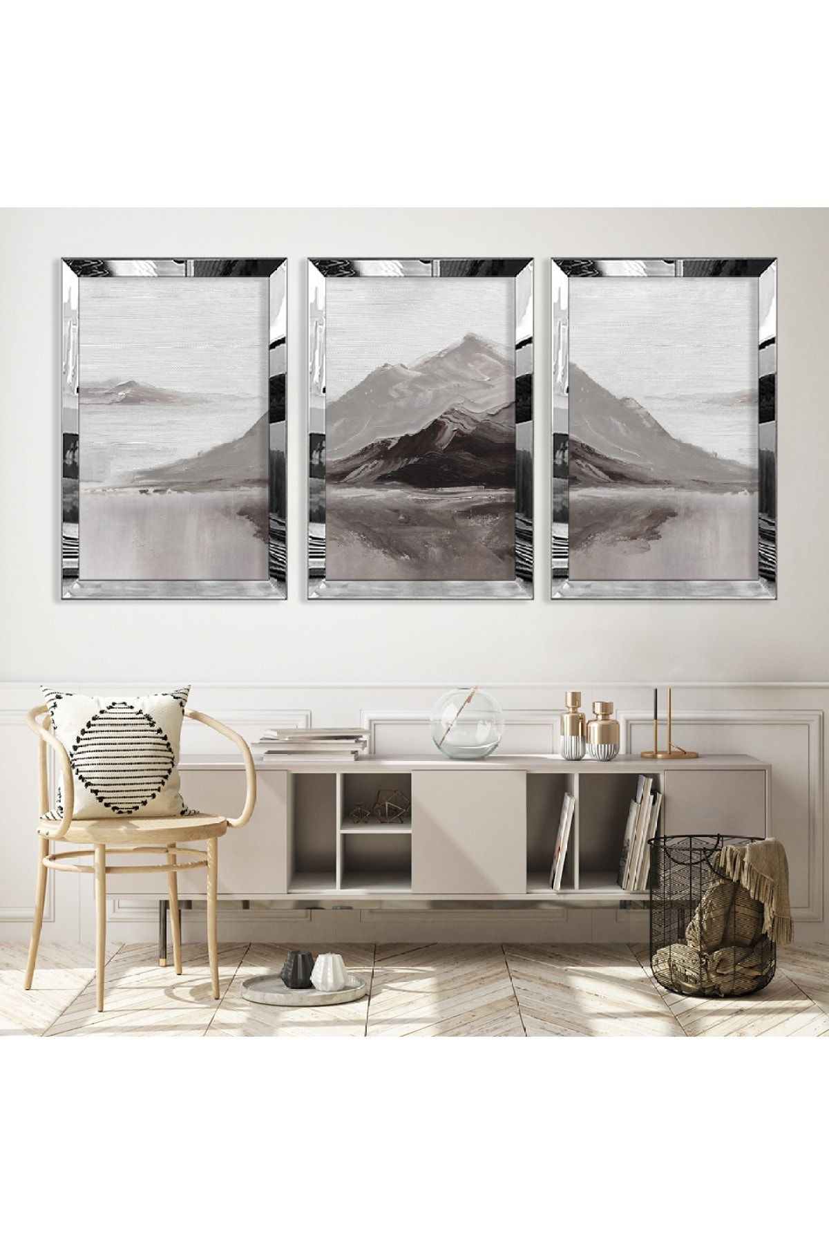 Gümüş Aynalı Pleksi Çerçeveli Minimalist Dağ Manzara Desenli Soyut Üçlü Mdf Tablo Seti