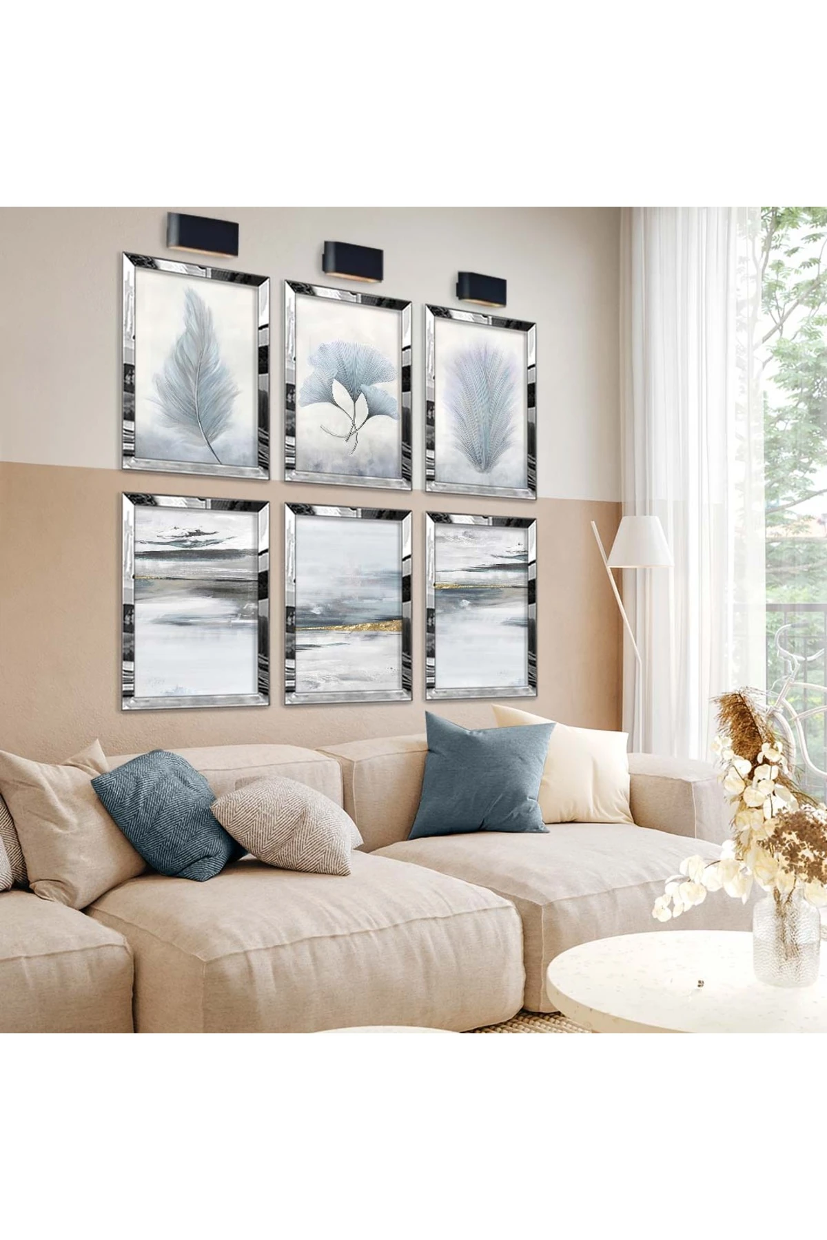 Beyaz Tüy Ve Çiçek 6'Lı Pleksi Kenar Solmaz MDF Tablo Seti