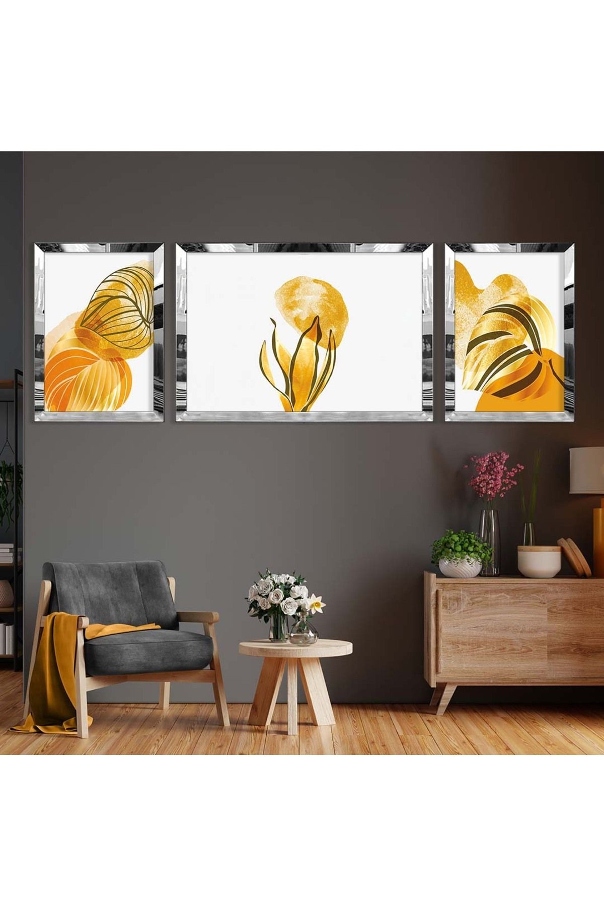 Gold Aynalı Pleksi Çerçeveli Üçlü Beyaz Arka Planlı Gold Soyut Yaprak Desenli Mdf Tablo Seti