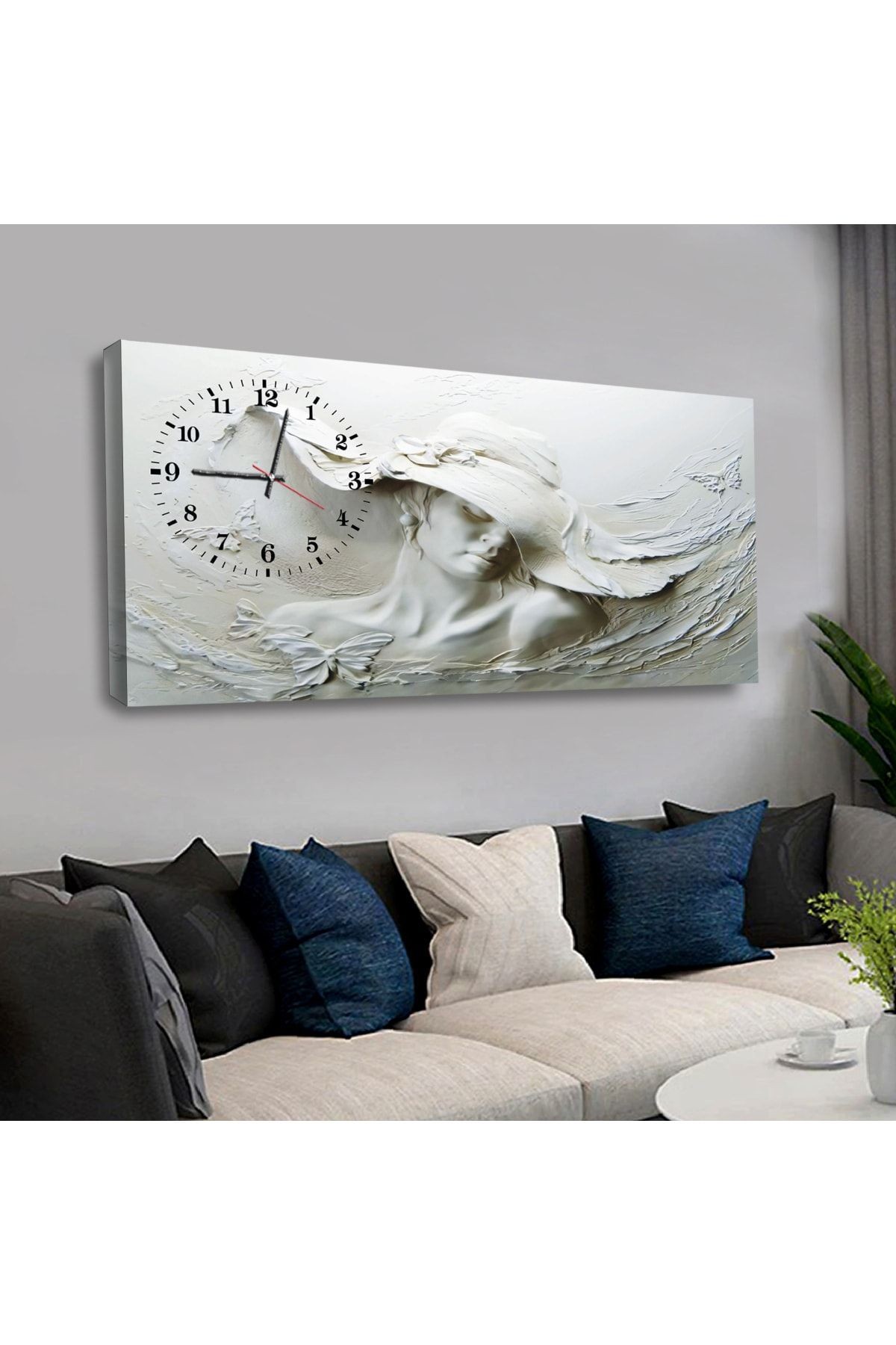 Kanvas Beyaz Arka Planlı Heykel Sanat Saatli Tablo