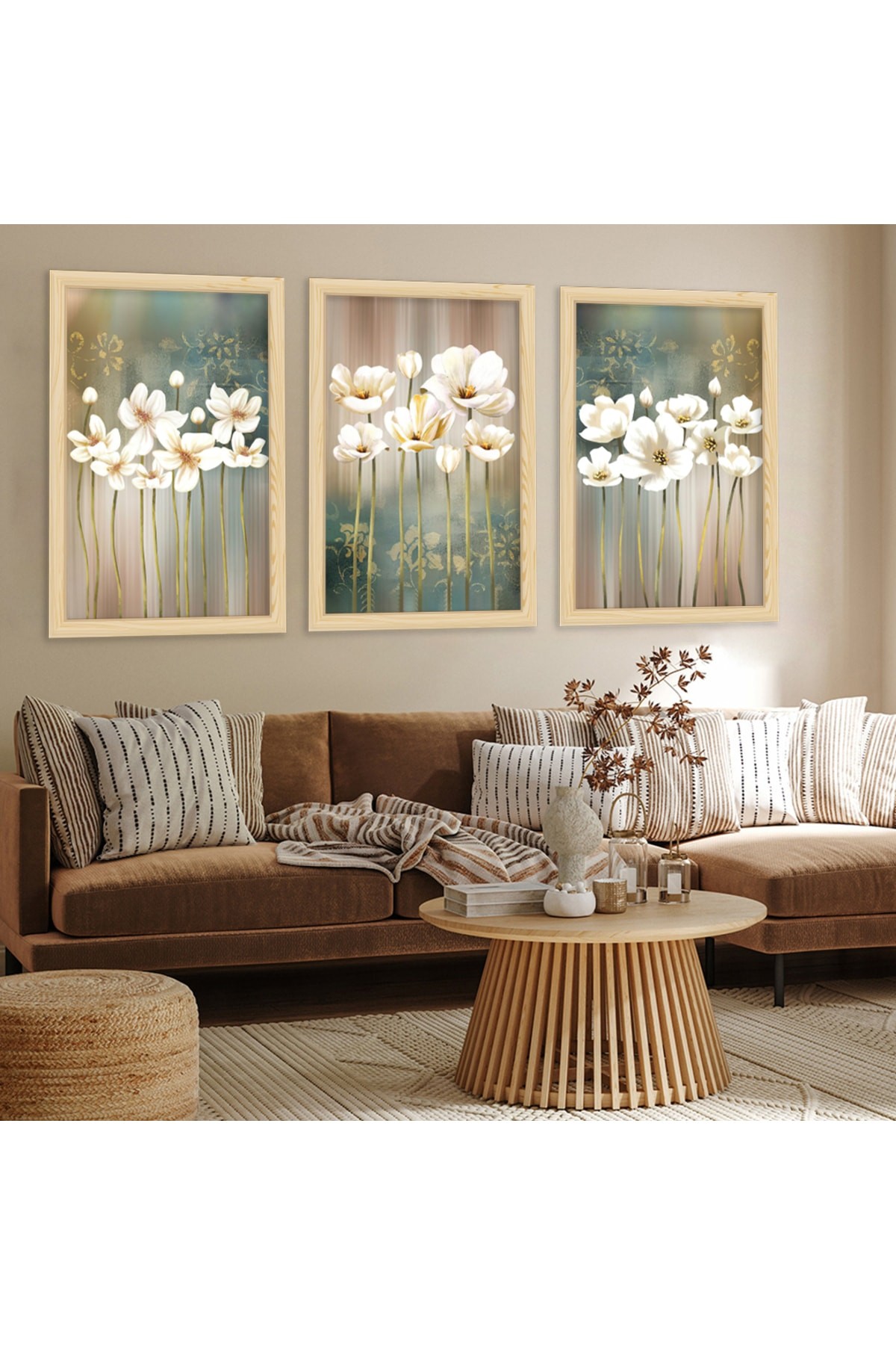Salon Tablosu Ahşap Çerçeveli Beyaz Çiçek Tablo