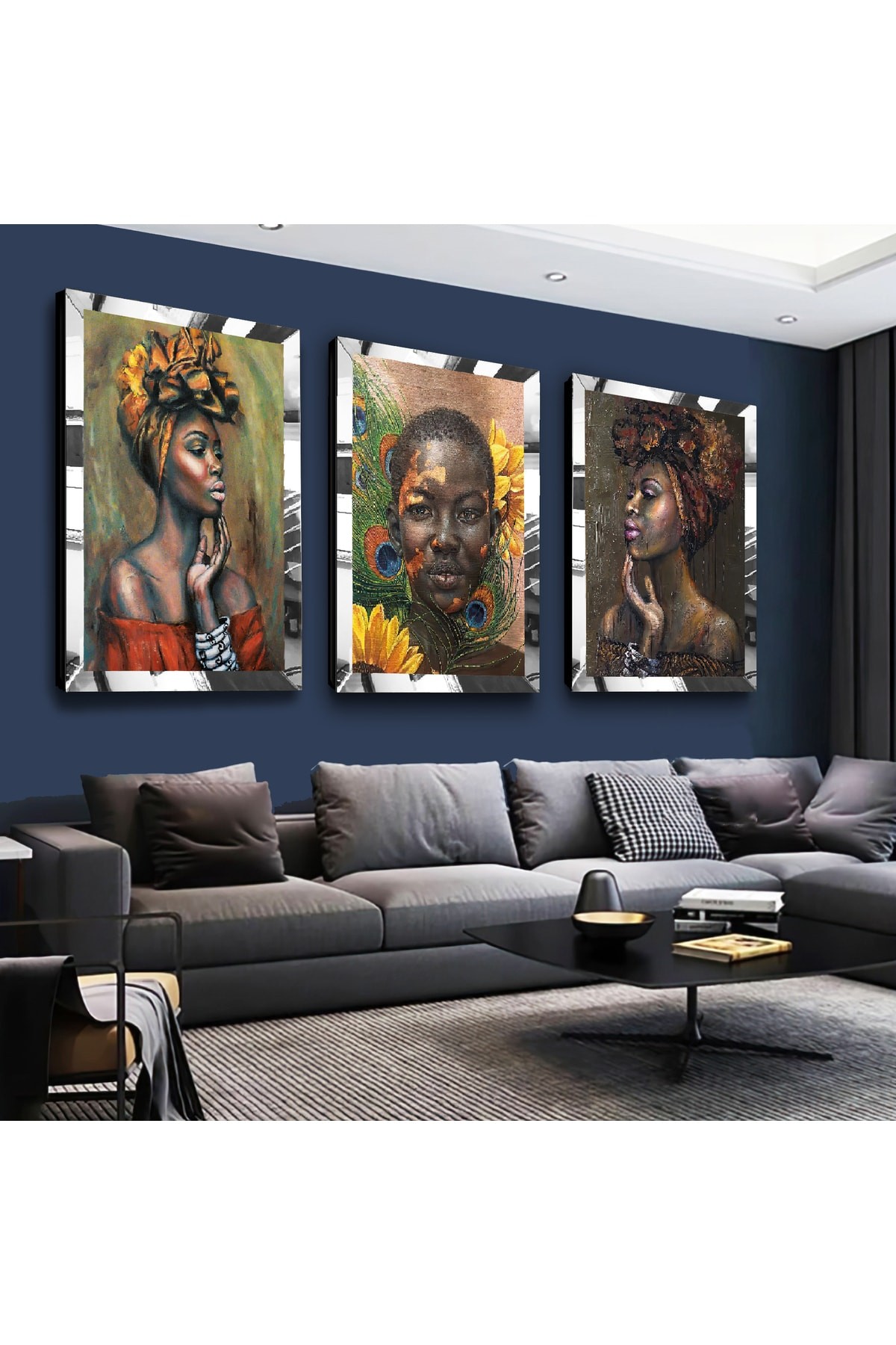 Afraklı Kadın Modern Gold Pleksi Kenar 3'Lü Solmaz MDF Tablo Seti