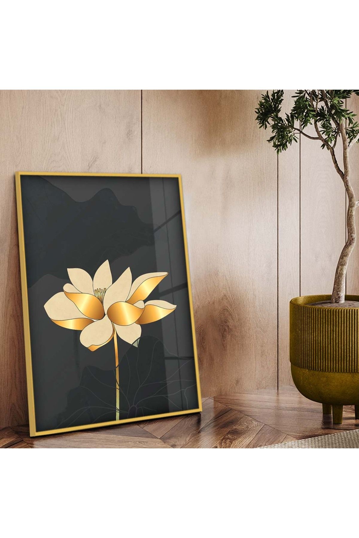 Gold Metal Çerçeveli Kolaj Çizim Çiçek Desen Kırılmaz Cam Tablo