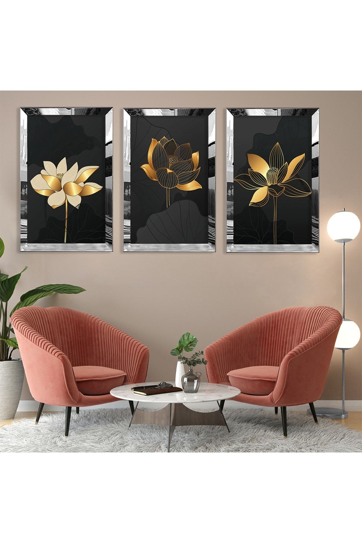 Soyut Desen Çiçek Gold Pleksi Kenar Üçlü Mdf Tablo Seti