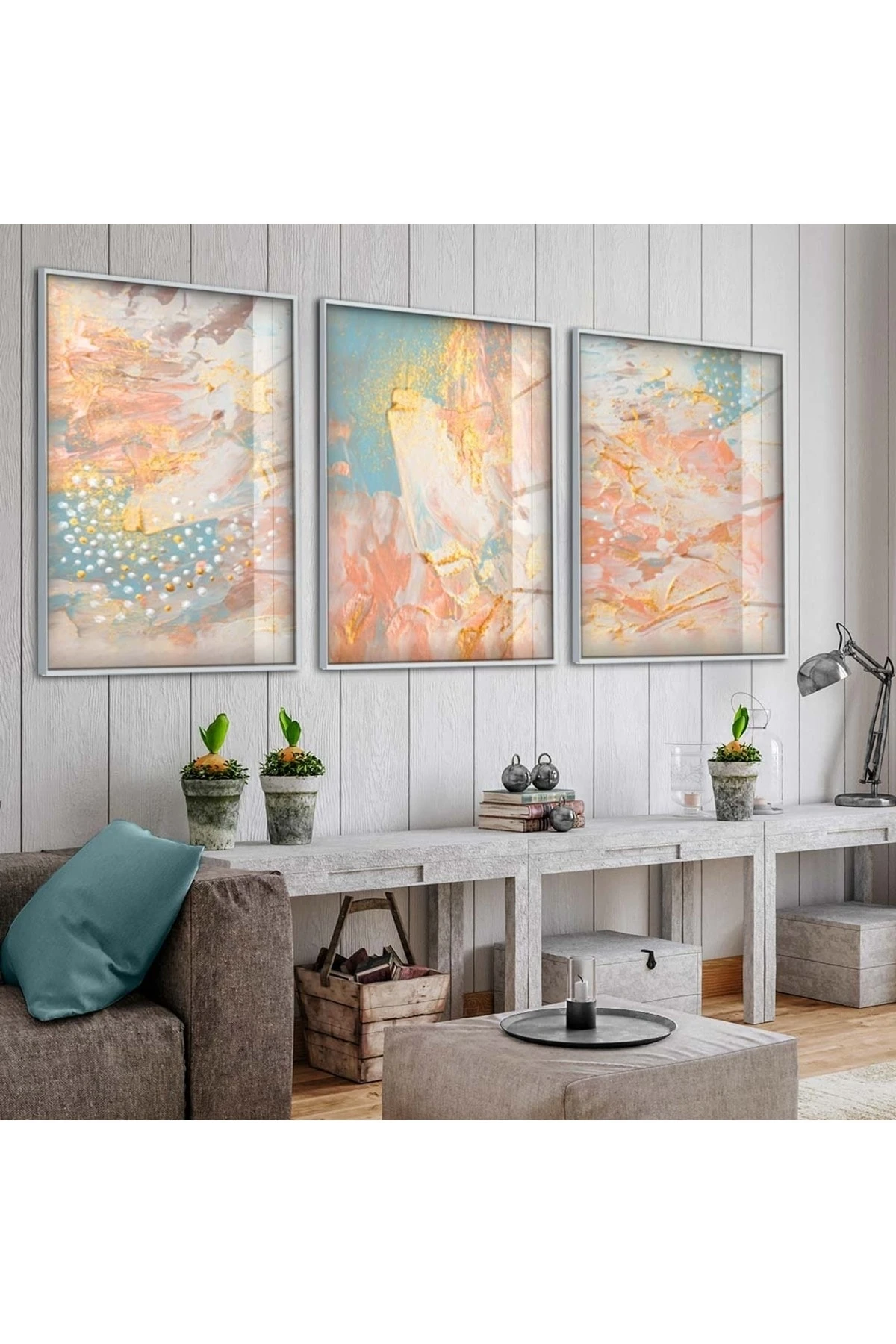 Minimalist Soyut Desen 3'Lü Metal Çerçeveli UV Baskı Kırılmaz Cam Tablo Set