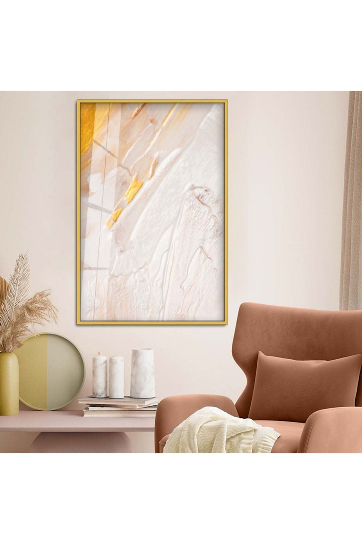 Gold Metal Çerçeveli Soyut Tema Modern Çizim Kırılmaz Cam Tablo