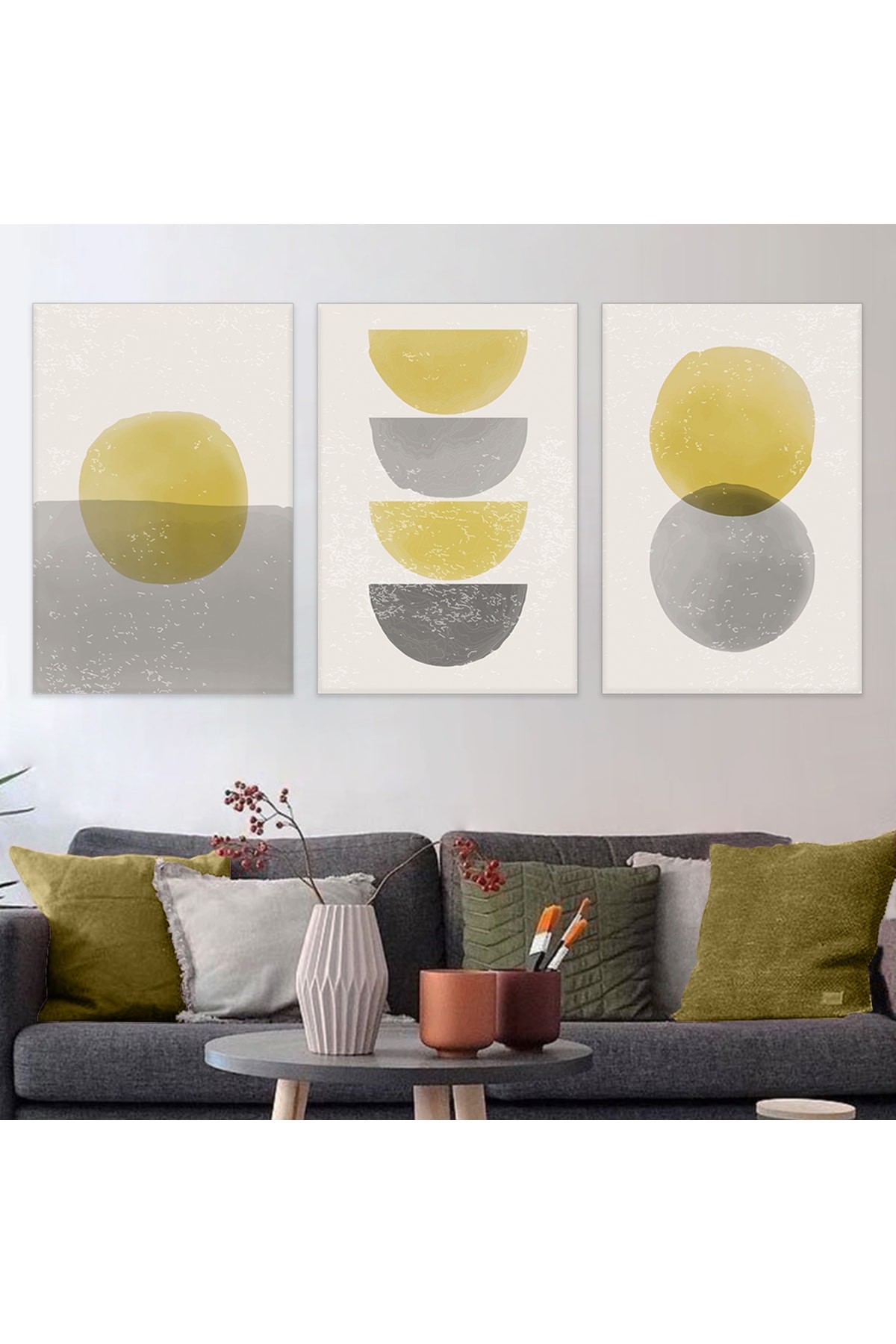 Minimalist Şekiller Soyut Desen 3'Lü Ahşap Şase Dijital Baskı Kanvas Tablo