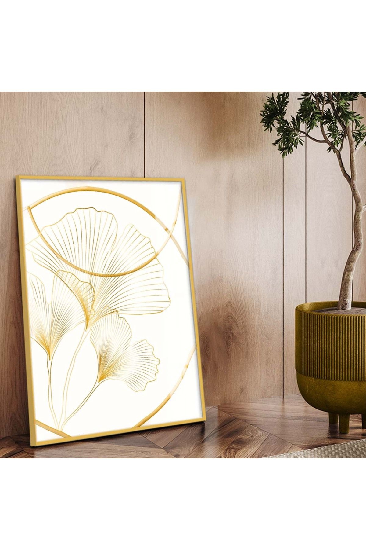 Gold Metal Çerçeveli Kolaj Çizim Çiçek Desen Kırılmaz Cam Tablo