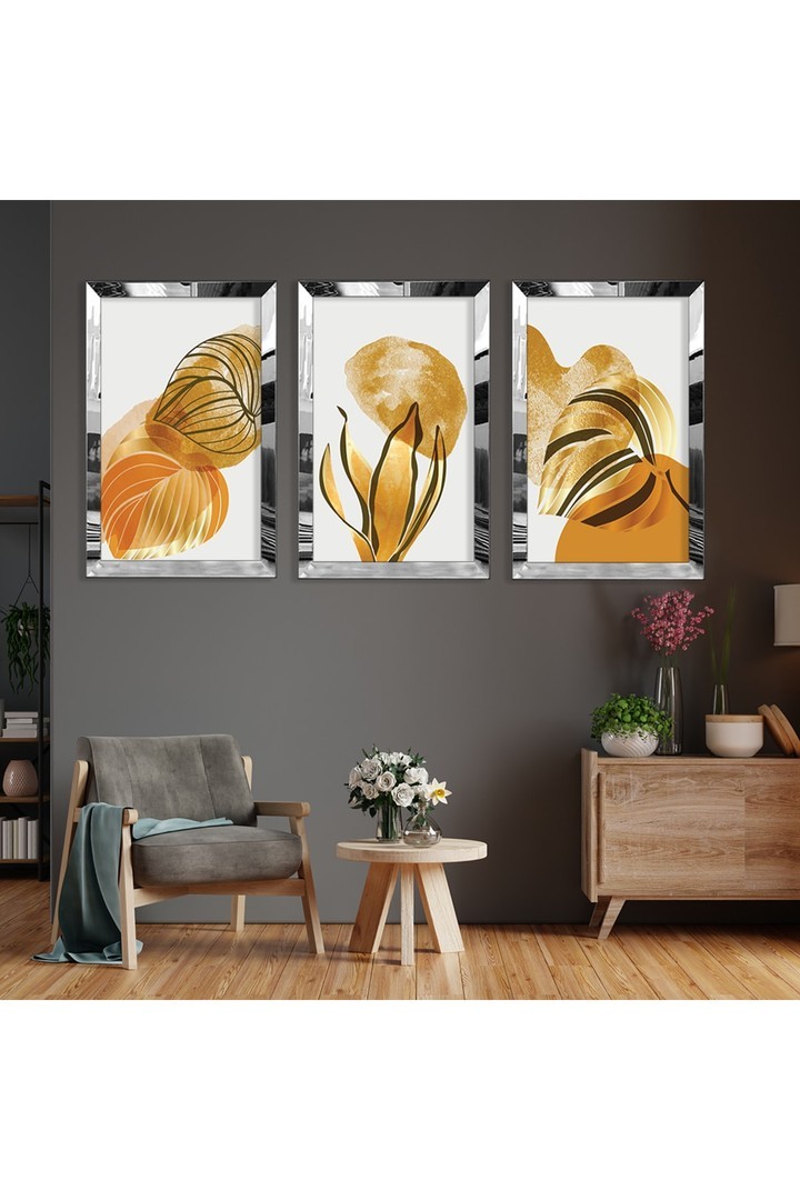 Renkli Soyut Desen Bitki Gold Pleksi Kenar 3'Lü Solmaz MDF Tablo