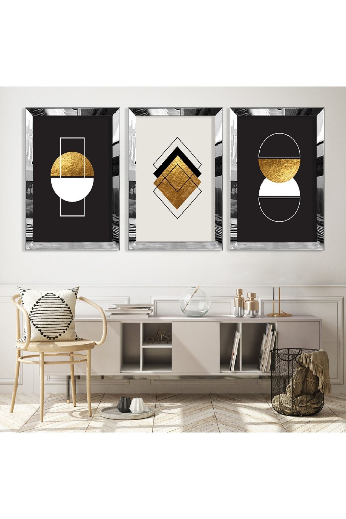Soyut Desen Şekiller Gold Pleksi Kenar Üçlü Mdf Tablo Seti
