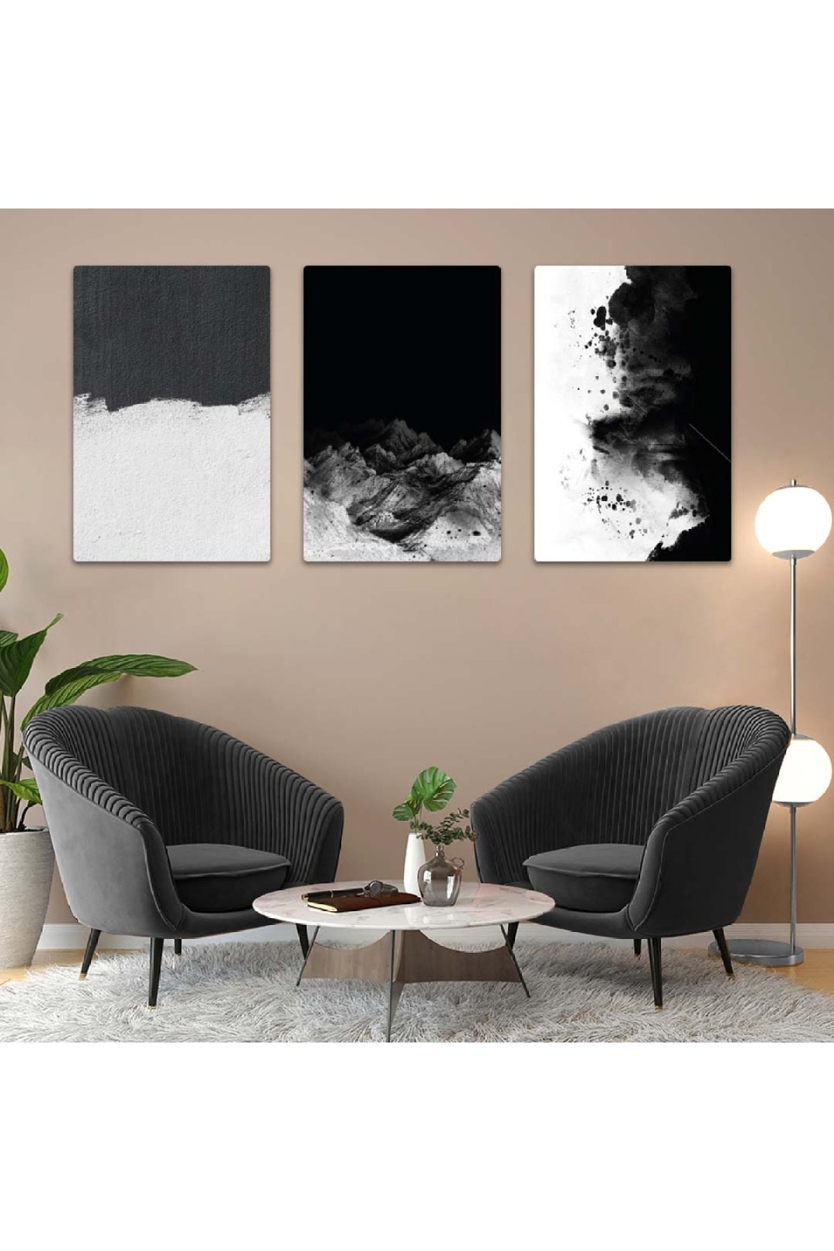 Siyah Beyaz Modern 3'Lü Solmaz MDF Tablo Set