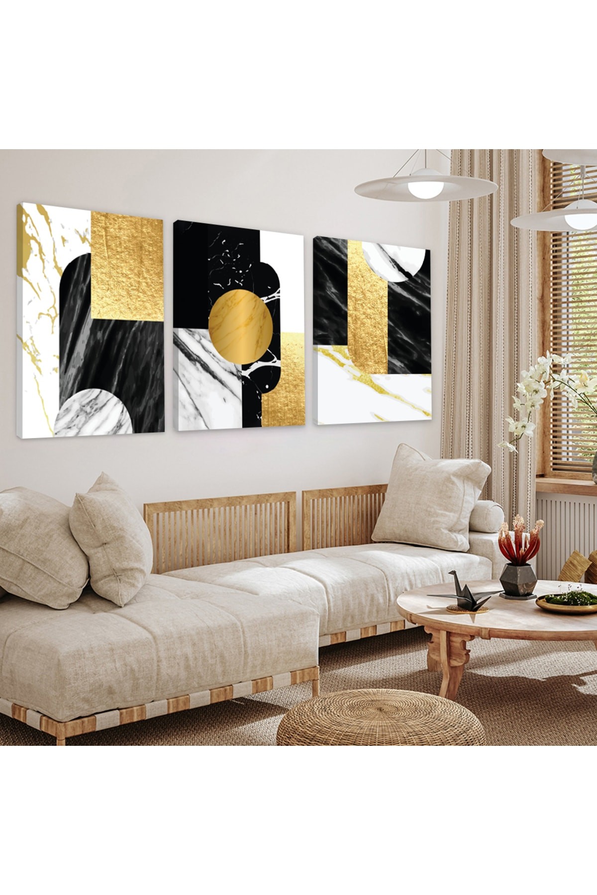 Modern Tablo Soyut Desen 3'Lü Ahşap Şase Dijital Baskı Kanvas Tablo