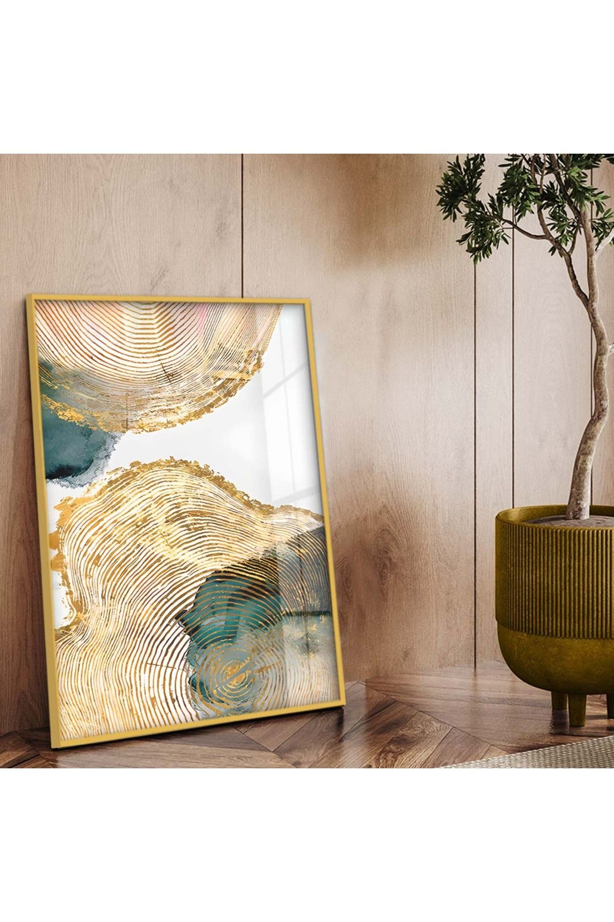 Gold Metal Çerçeveli Soyut Çizim Kırılmaz Cam Tablo