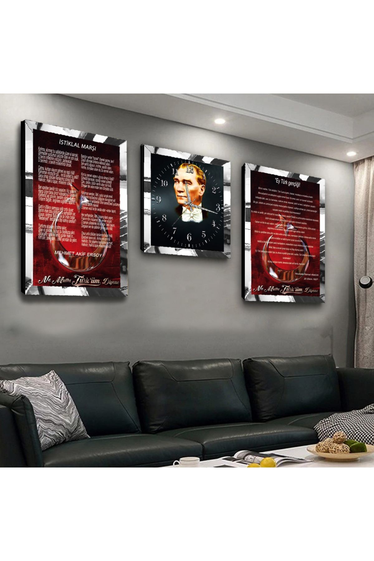 Gümüş Aynalı Pleksi Çerçeveli Atatürk Istiklal Marşı Ve Gençliğe Hitabe Üçlü Mdf Tablo Ve Saat Seti