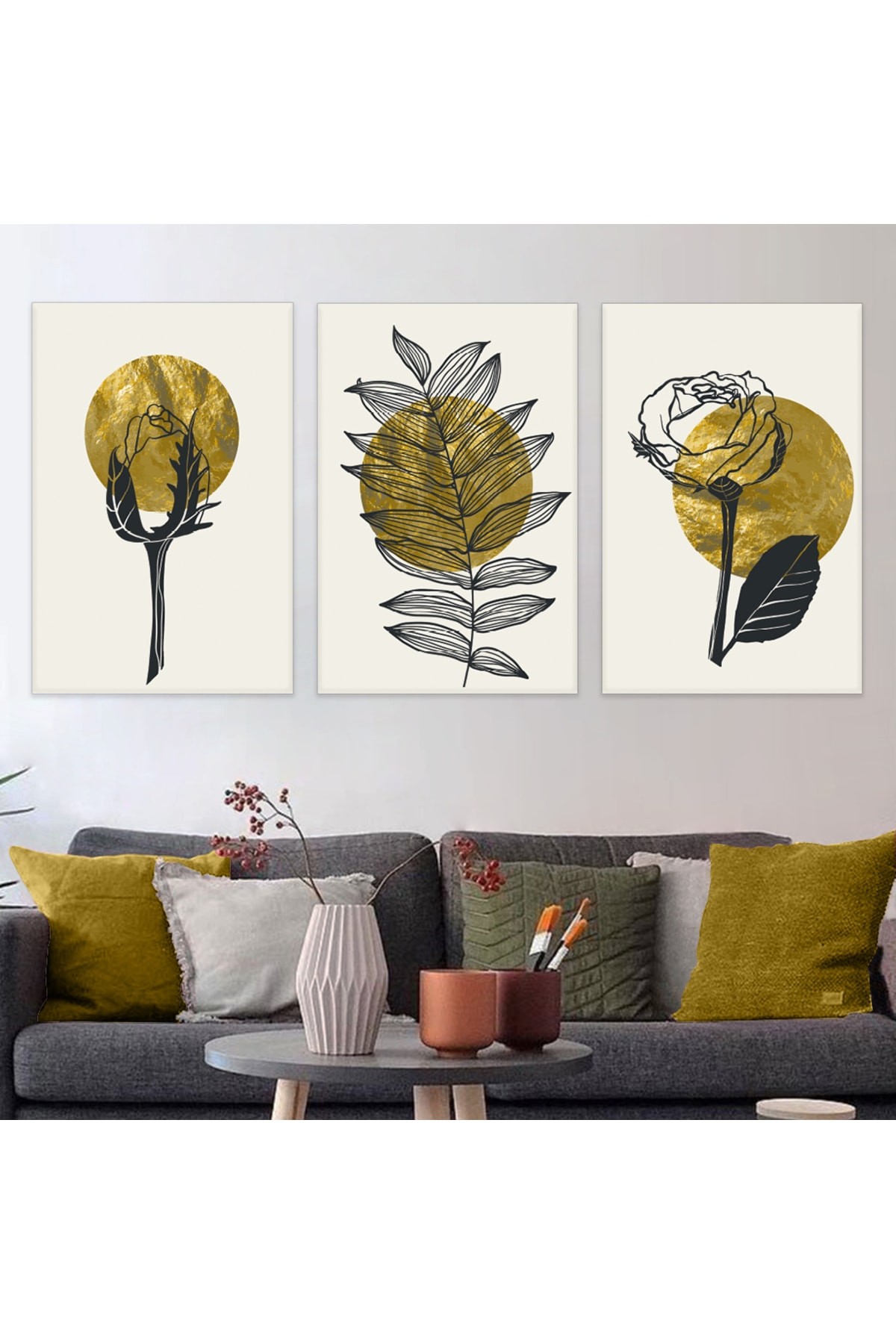 Modern Çiçek Soyut Desen 3'Lü Ahşap Şase Dijital Baskı Kanvas Tablo